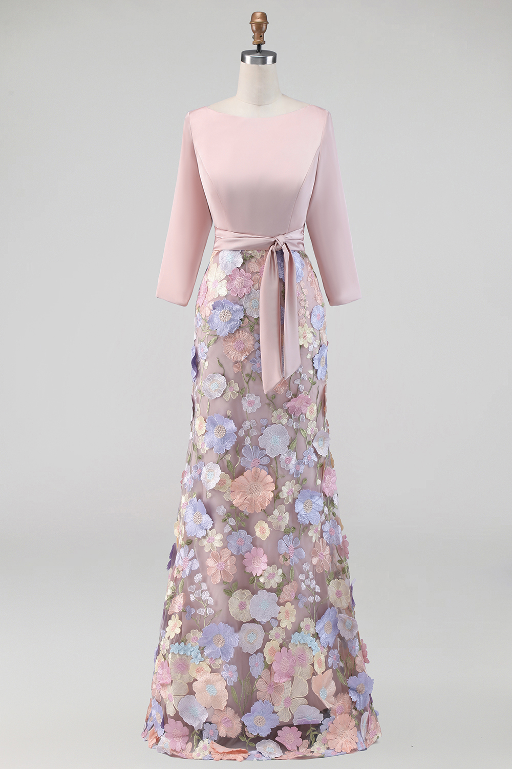 Blush Boat Neck Mermaid Long Floral Wedding Guest Dress with Pockets