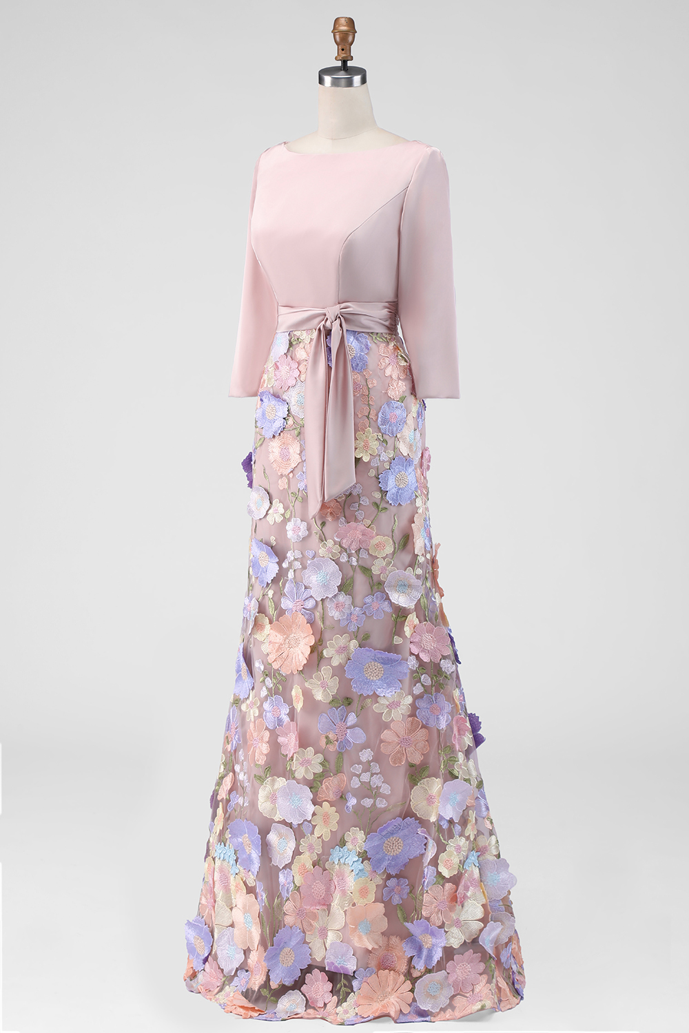 Blush Boat Neck Mermaid Long Floral Wedding Guest Dress with Pockets