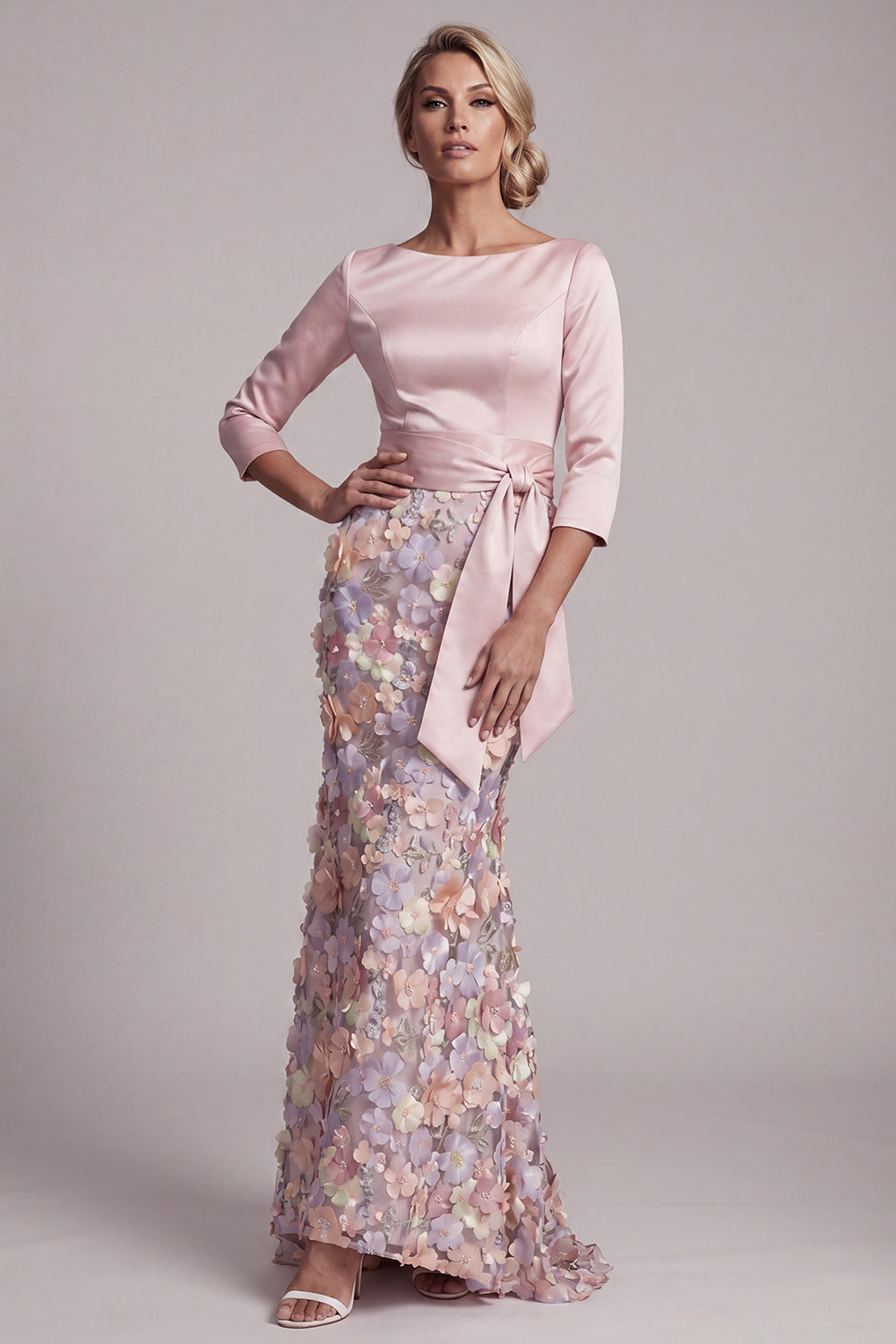 Blush Boat Neck Mermaid Long Floral Wedding Guest Dress with Pockets