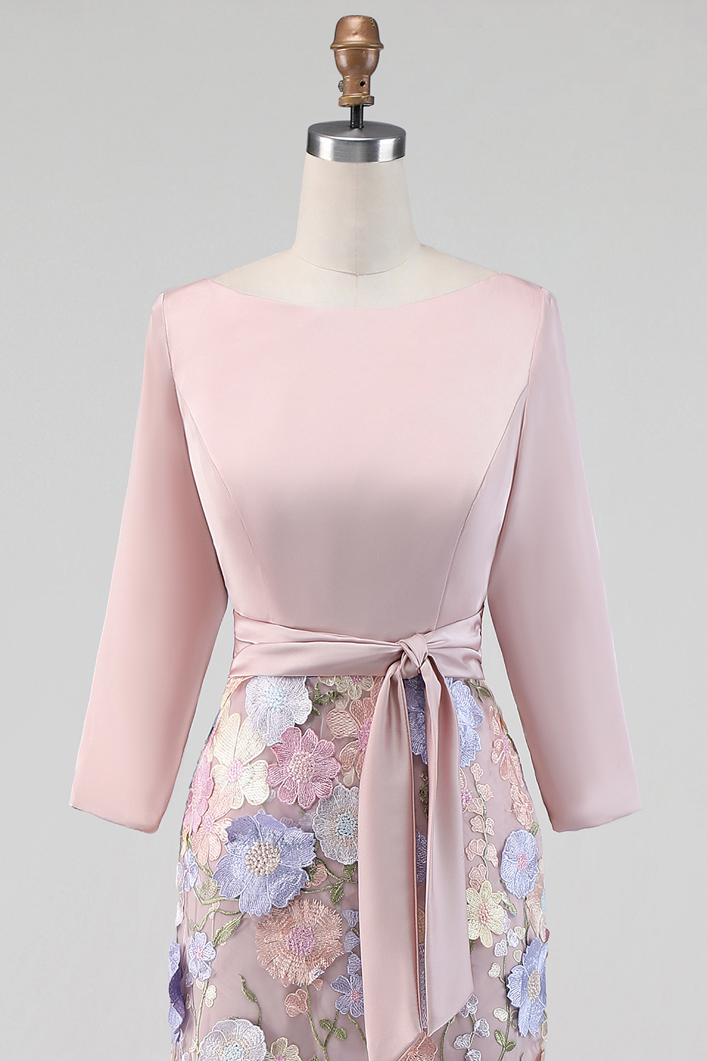 Blush Boat Neck Mermaid Long Floral Wedding Guest Dress with Pockets