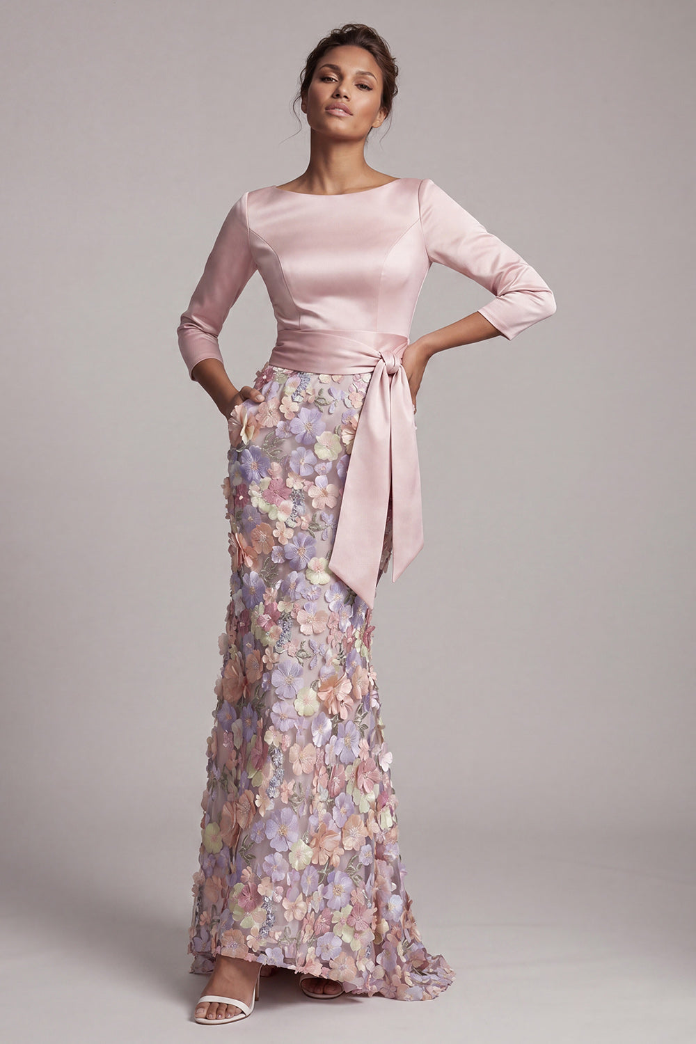 Blush Boat Neck Mermaid Long Floral Wedding Guest Dress with Pockets