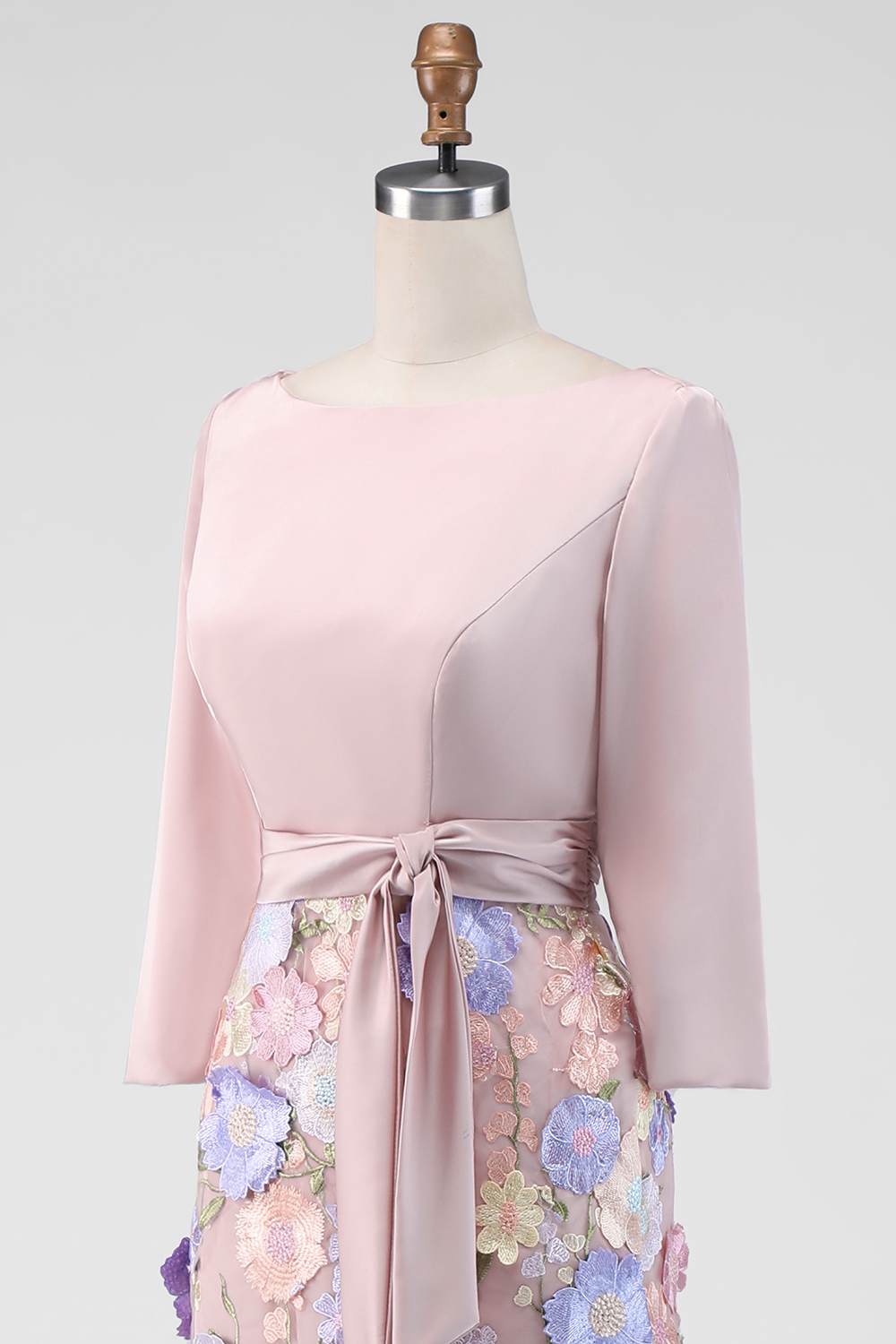 Blush Boat Neck Mermaid Long Floral Wedding Guest Dress with Pockets