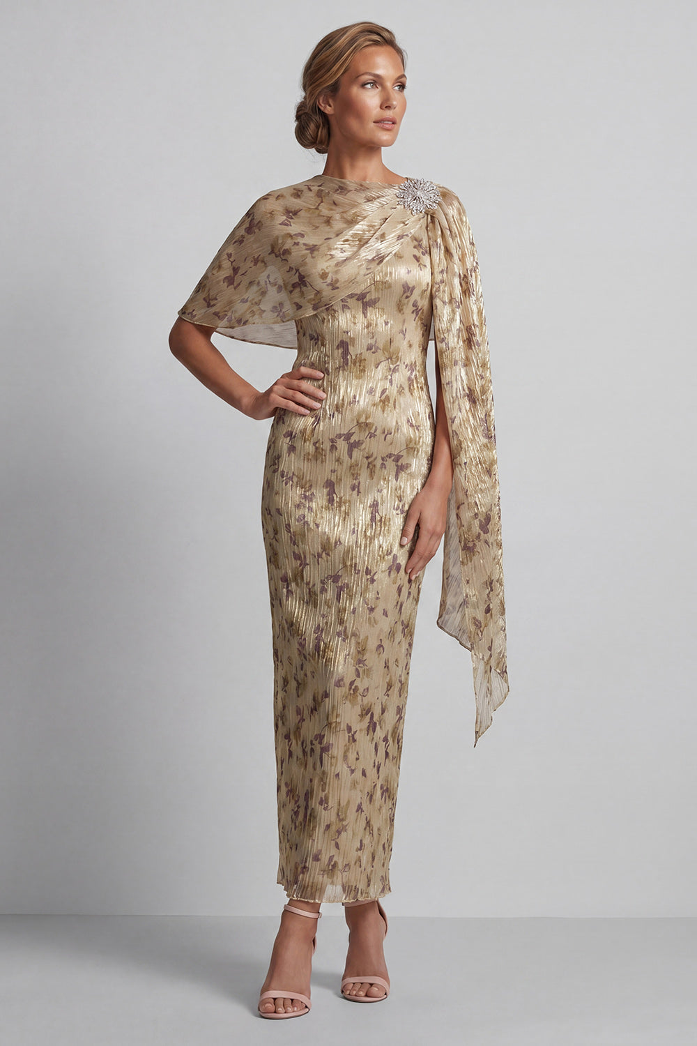Champagne Sheath Long Floral Wedding Guest Dress with Cape