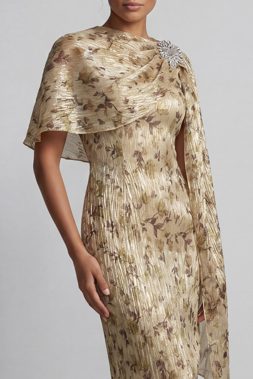 Champagne Sheath Long Floral Wedding Guest Dress with Cape
