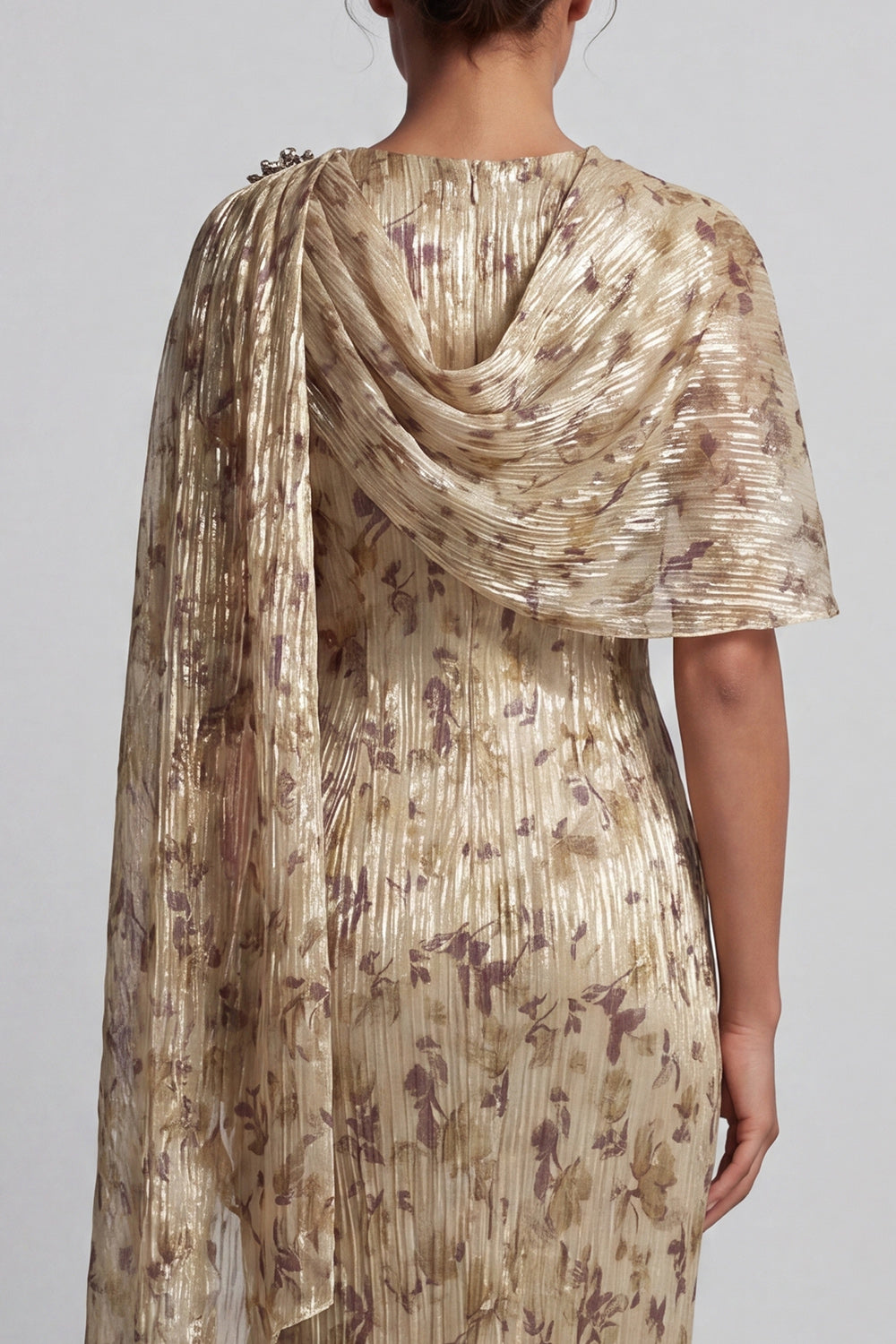 Champagne Sheath Long Floral Wedding Guest Dress with Cape