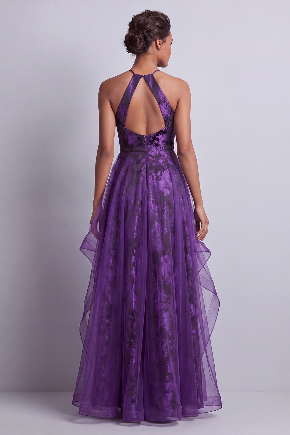 Dark Purple Floral Tulle Halter A Line Maxi Wedding Guest Dress with Ruffles