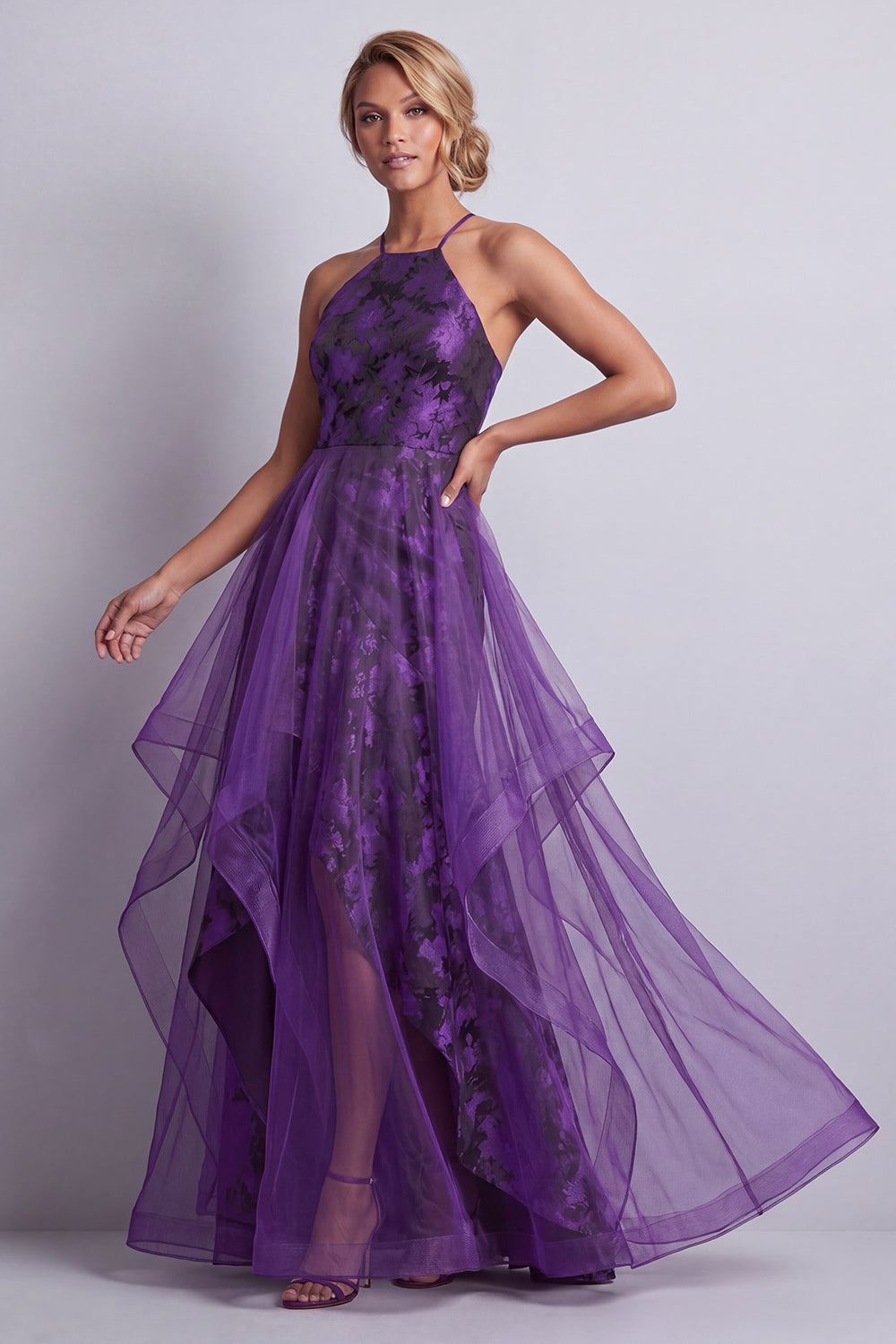 Dark Purple Floral Tulle Halter A Line Maxi Wedding Guest Dress with Ruffles