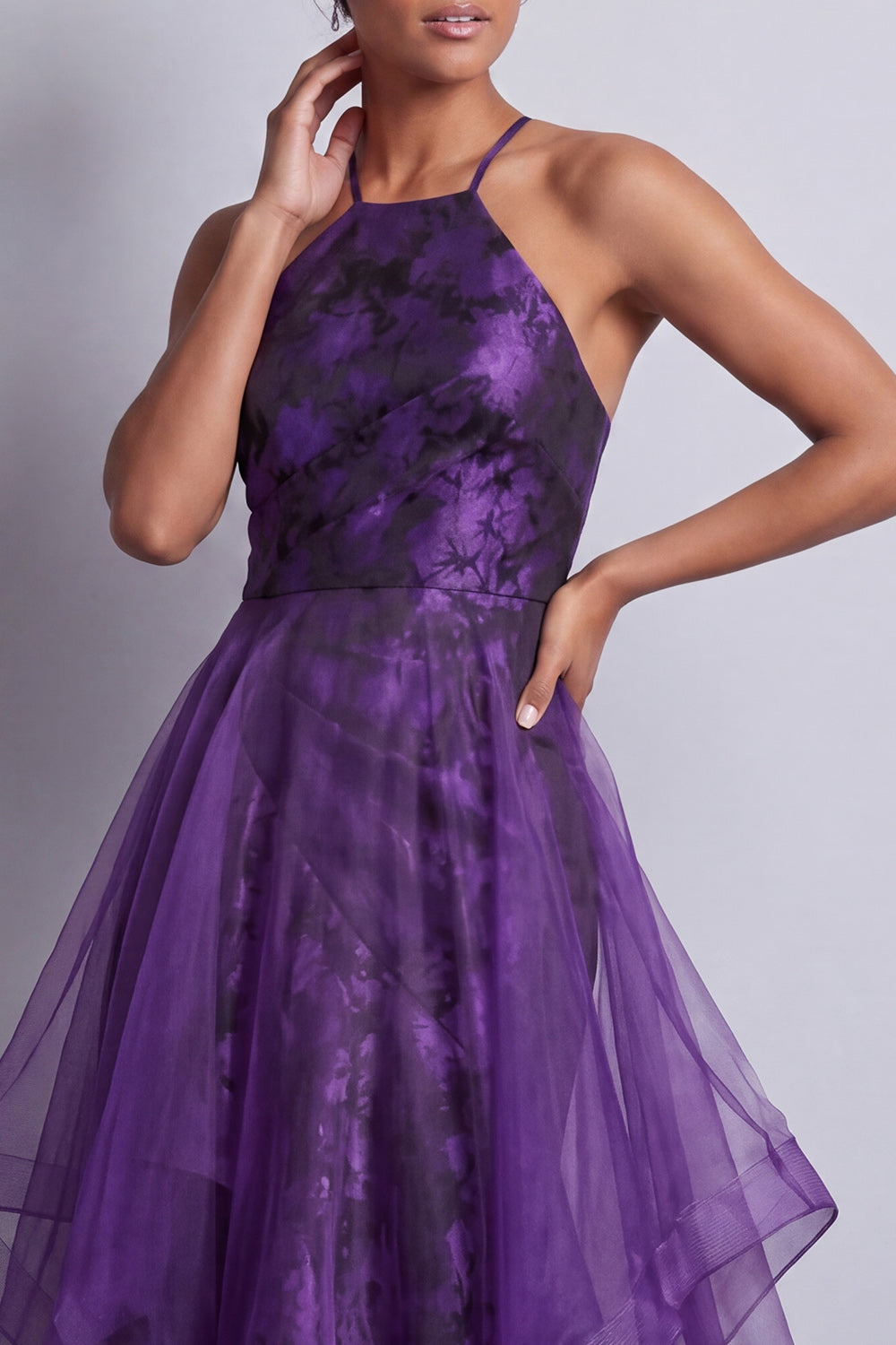 Dark Purple Floral Tulle Halter A Line Maxi Wedding Guest Dress with Ruffles