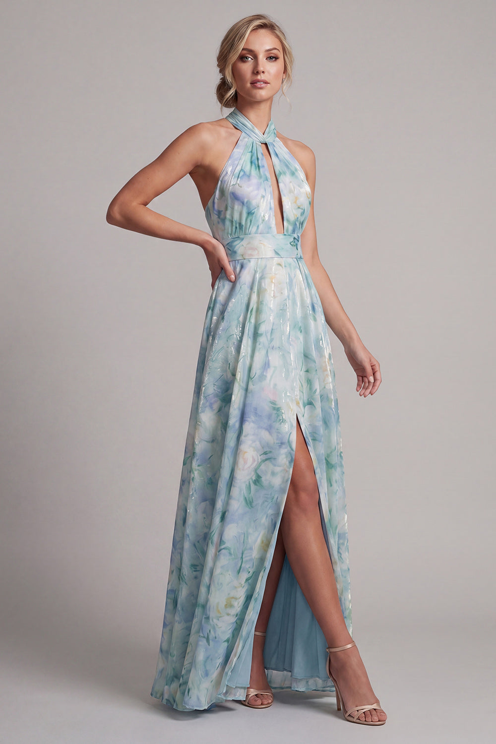 Light Green A Line Halter Floral Long Wedding Guest Dress with Pockets