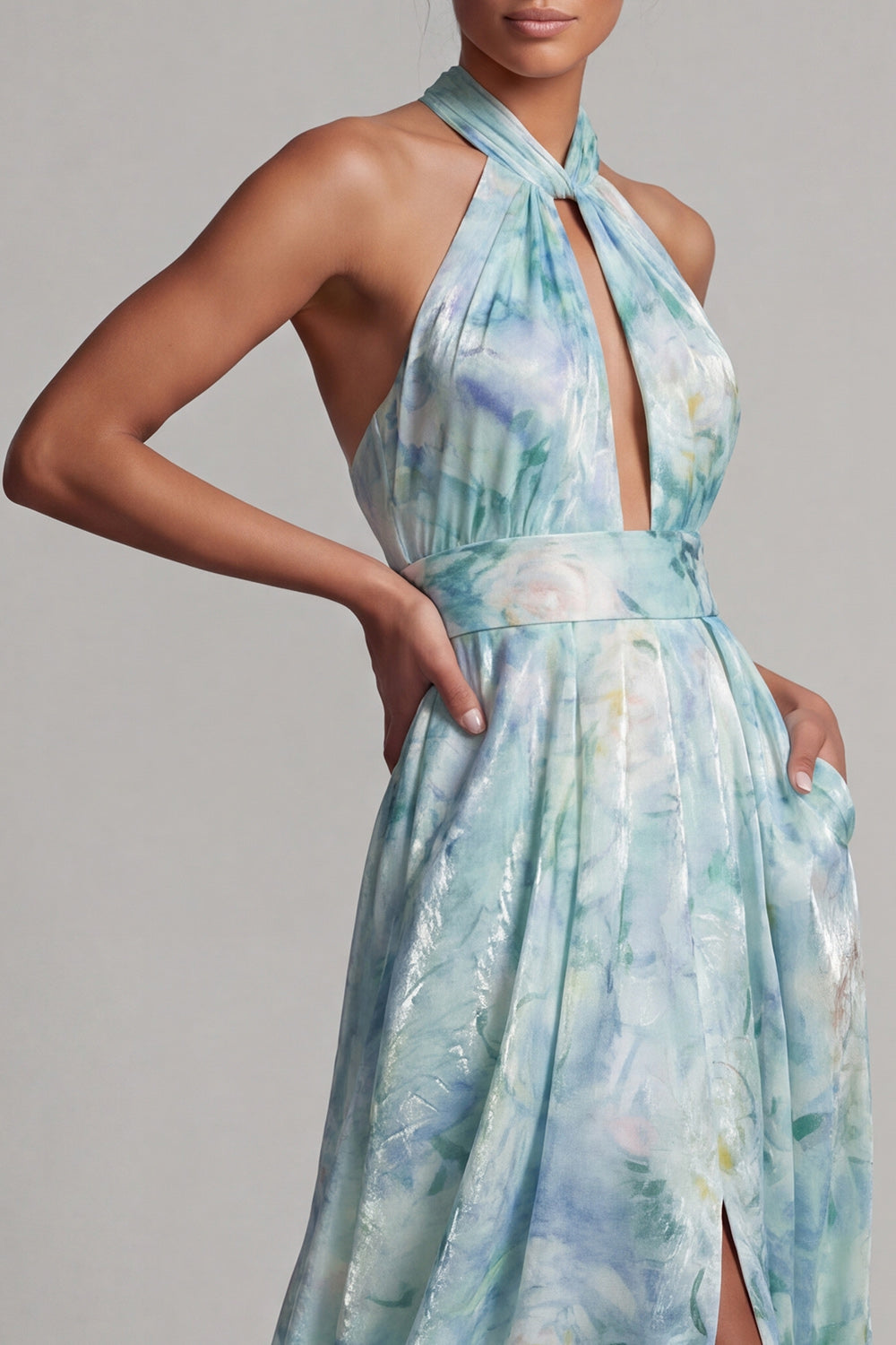 Light Green A Line Halter Floral Long Wedding Guest Dress with Pockets