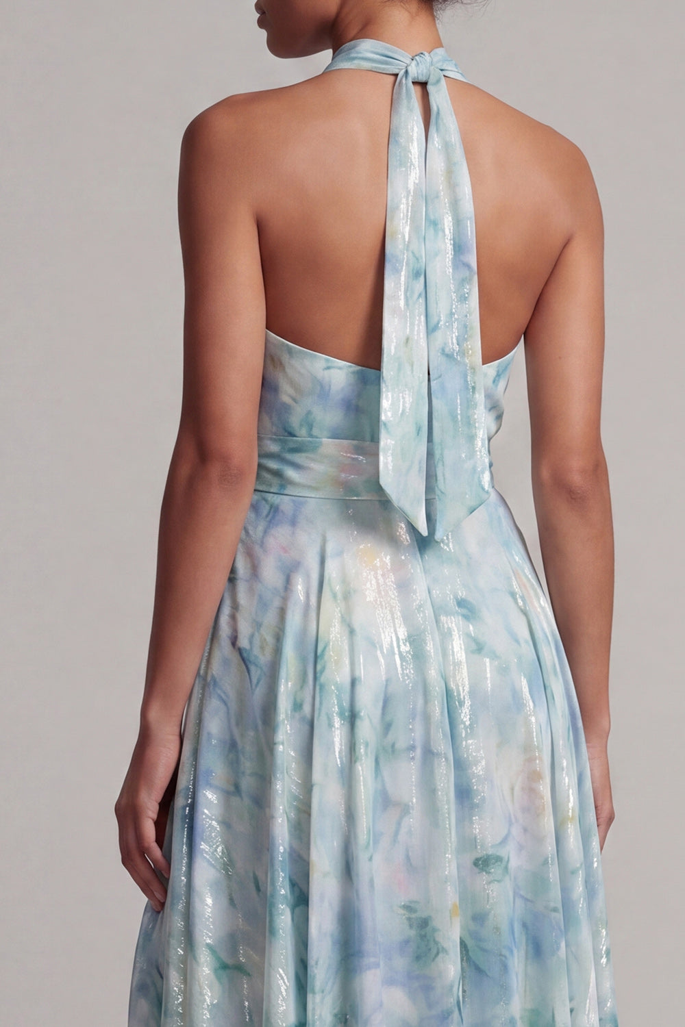 Light Green A Line Halter Floral Long Wedding Guest Dress with Pockets