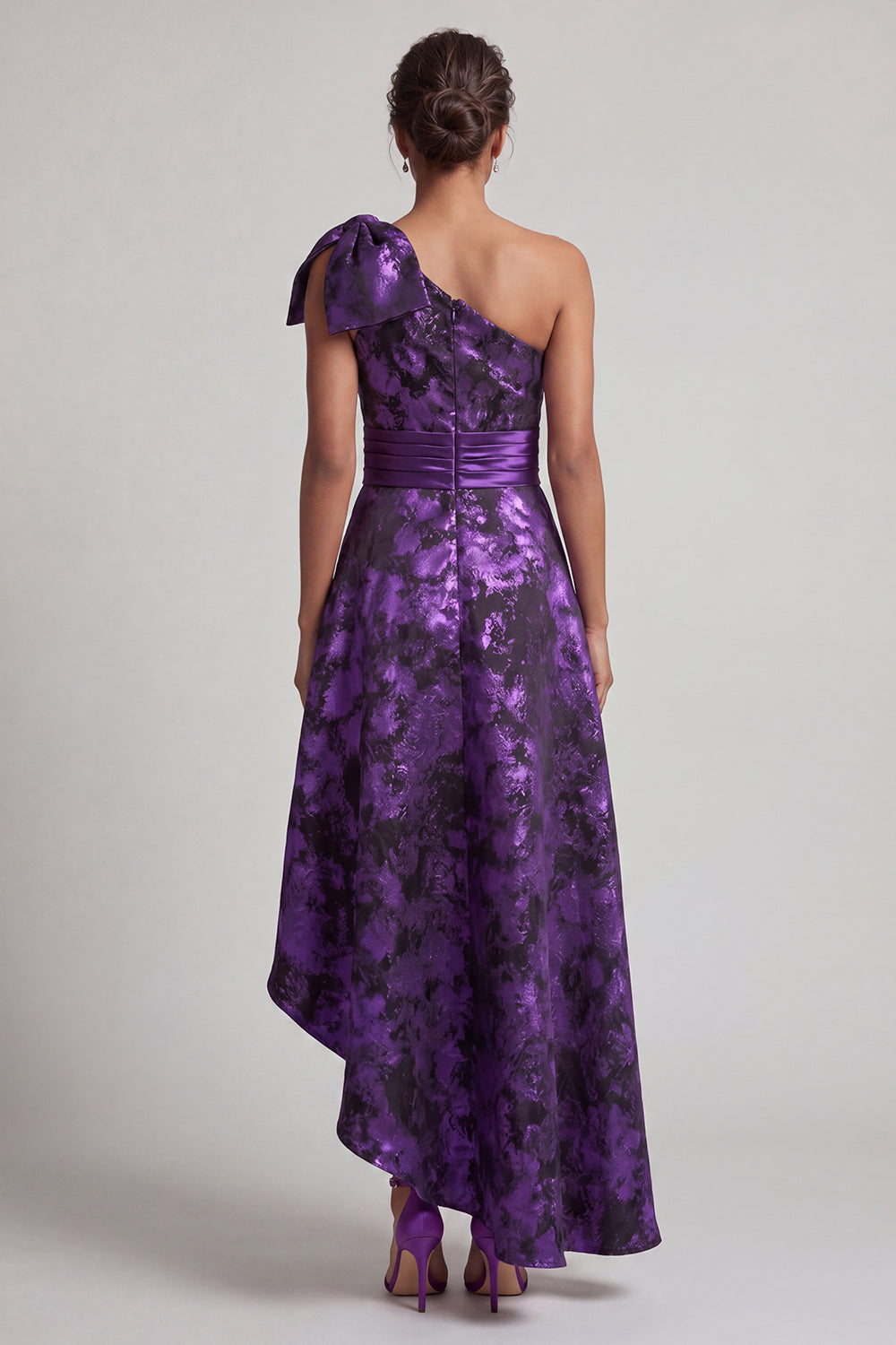 Dark Purple A Line Floral Asymmetrical Wedding Guest Dress with Bow