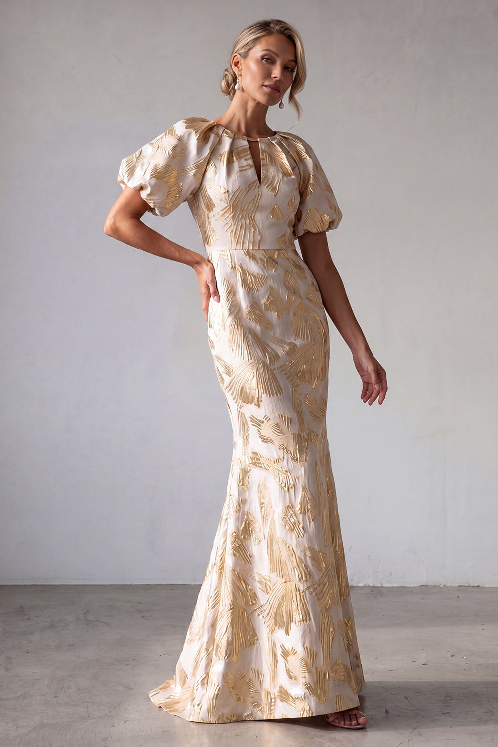 Mermaid Champagne Long Floral Wedding Guest Dress with Keyhole 