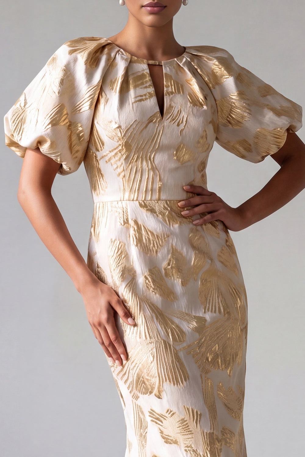 Mermaid Champagne Long Floral Wedding Guest Dress with Keyhole 