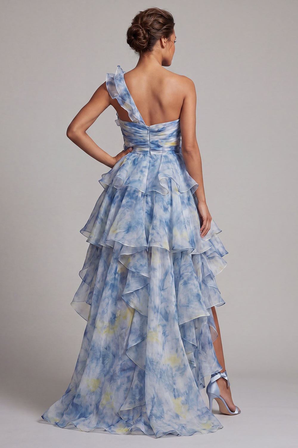 A Line Dusty Blue One Shoulder High Low Wedding Guest Dress with Ruffles