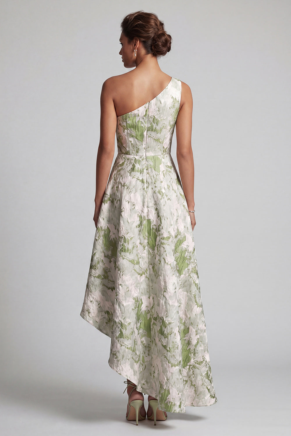 One Shoulder A Line Light Green Floral Asymmetrical Wedding Guest Dress
