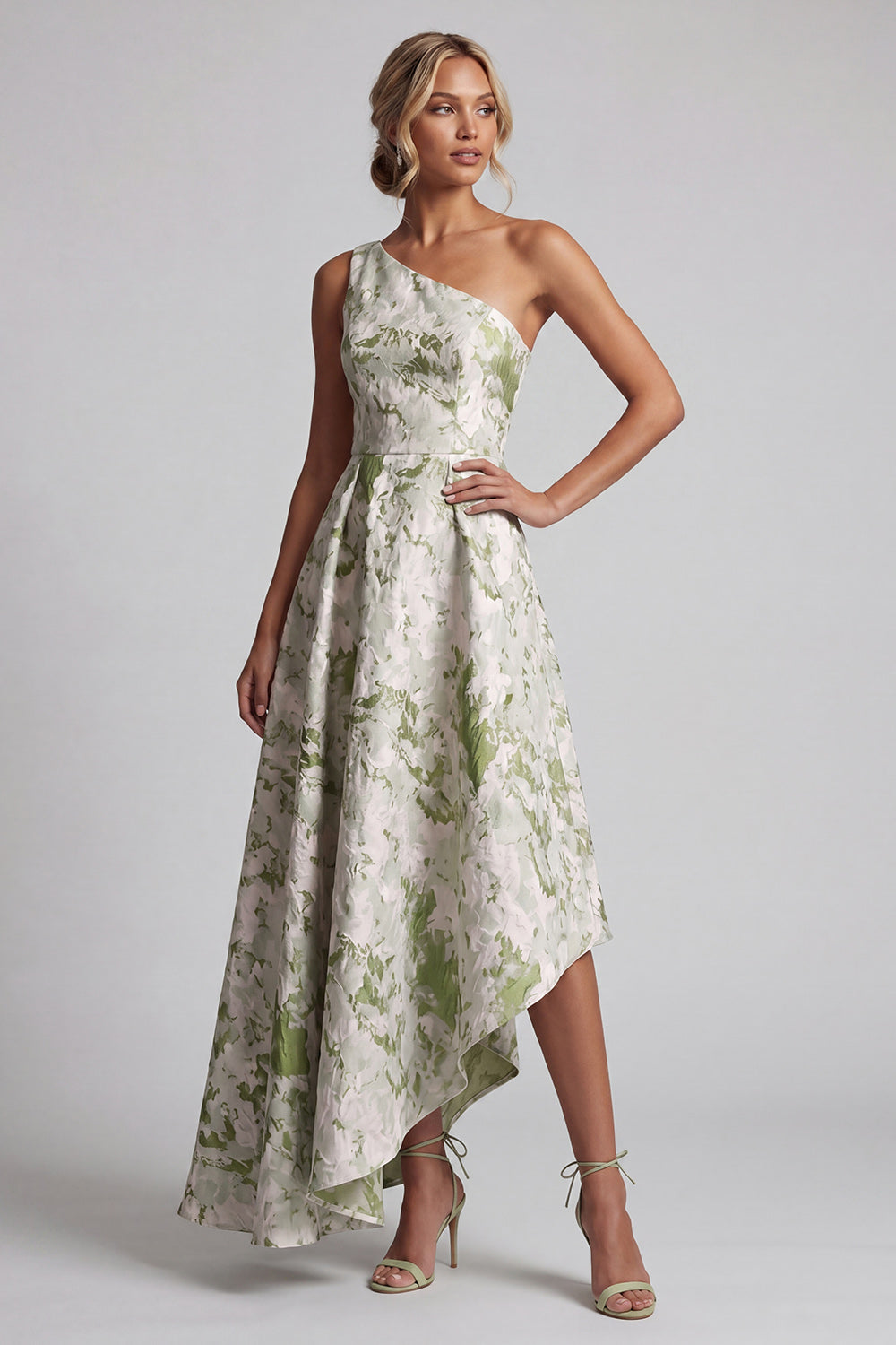 One Shoulder A Line Light Green Floral Asymmetrical Wedding Guest Dress
