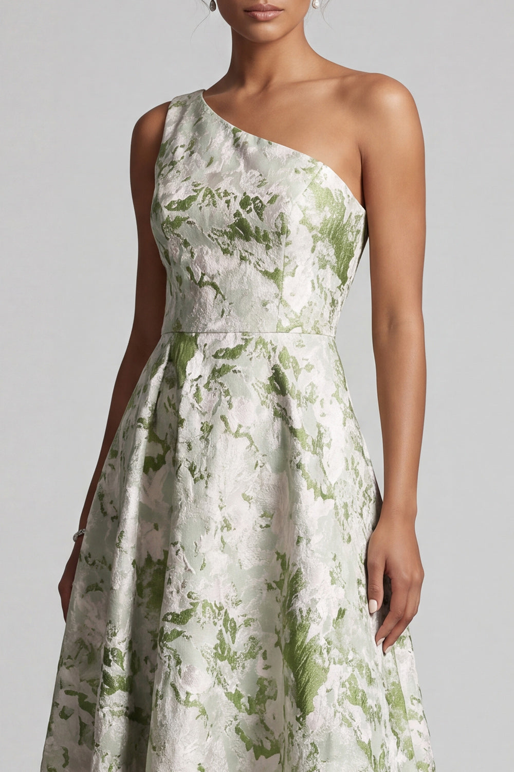 One Shoulder A Line Light Green Floral Asymmetrical Wedding Guest Dress