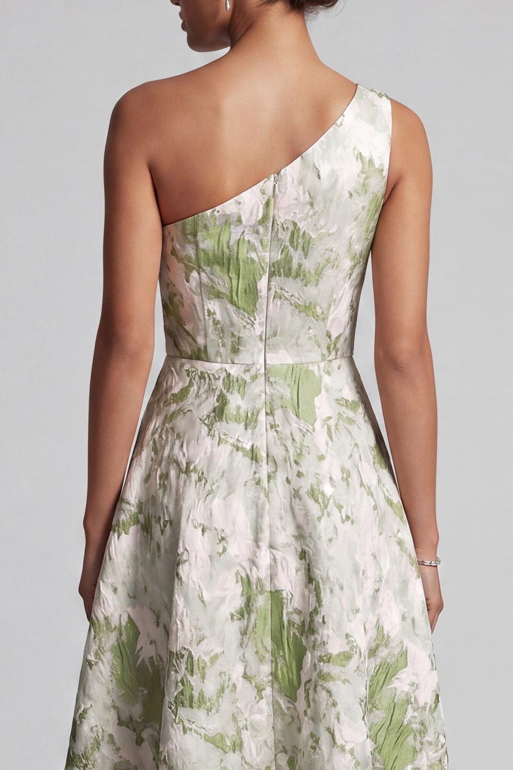 One Shoulder A Line Light Green Floral Asymmetrical Wedding Guest Dress