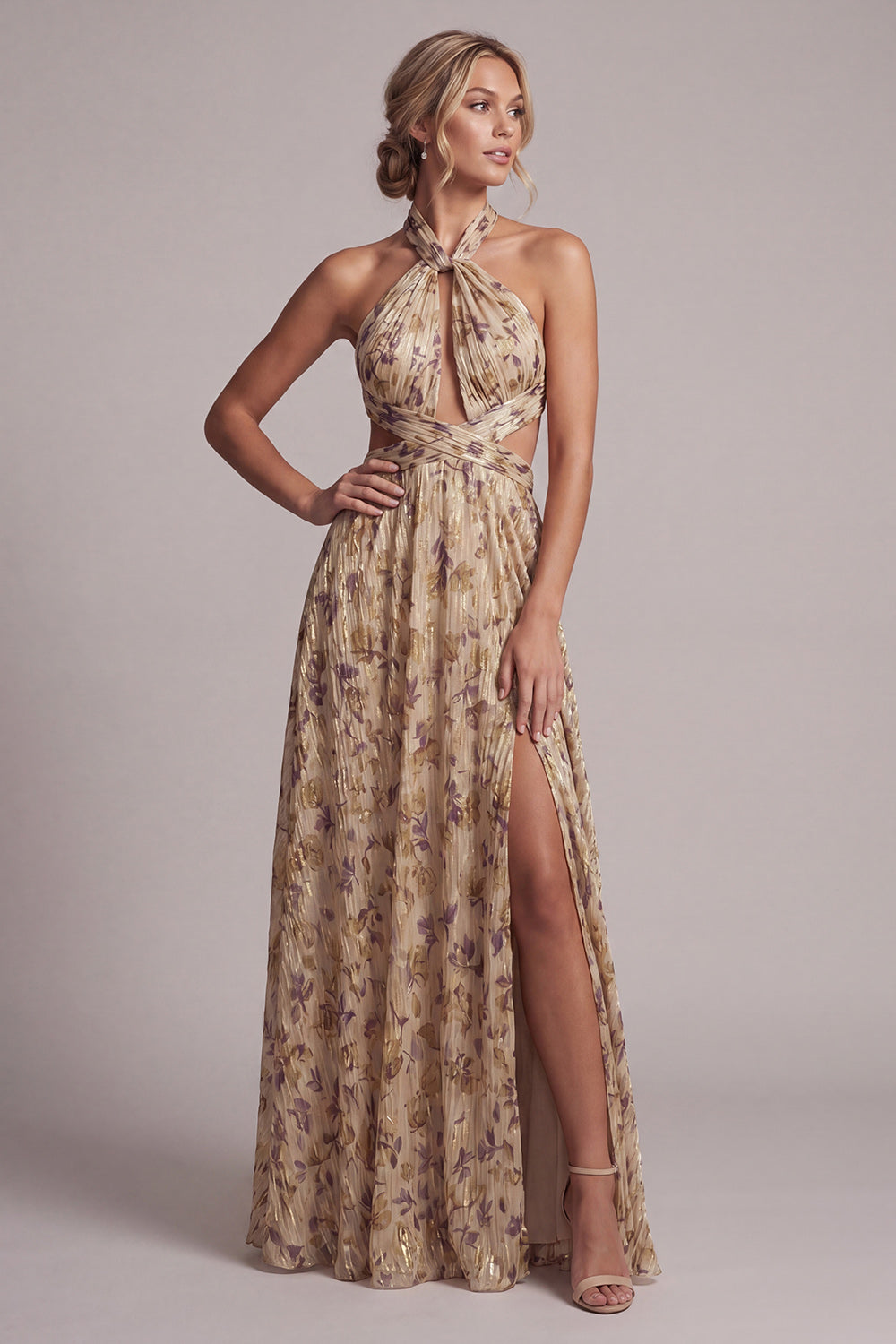 Champagne Cut Out A Line Long Floral Wedding Guest Dress with Slit
