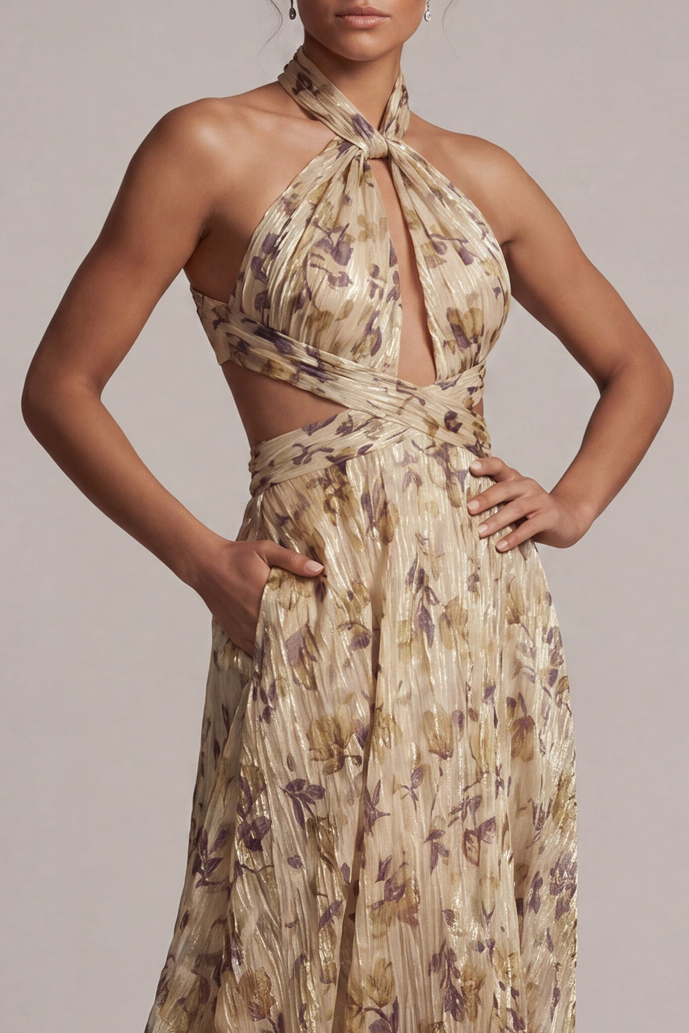 Champagne Cut Out A Line Long Floral Wedding Guest Dress with Slit