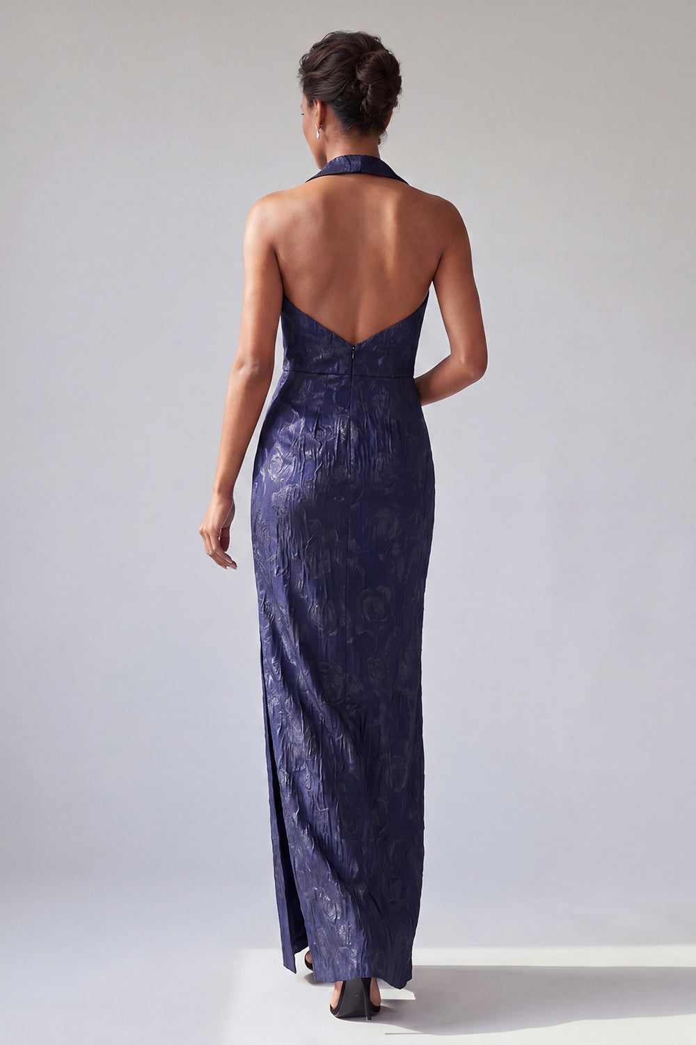 Dark Purple Halter Peak Lapel Floral Long Mermaid Wedding Guest Dress with Slit