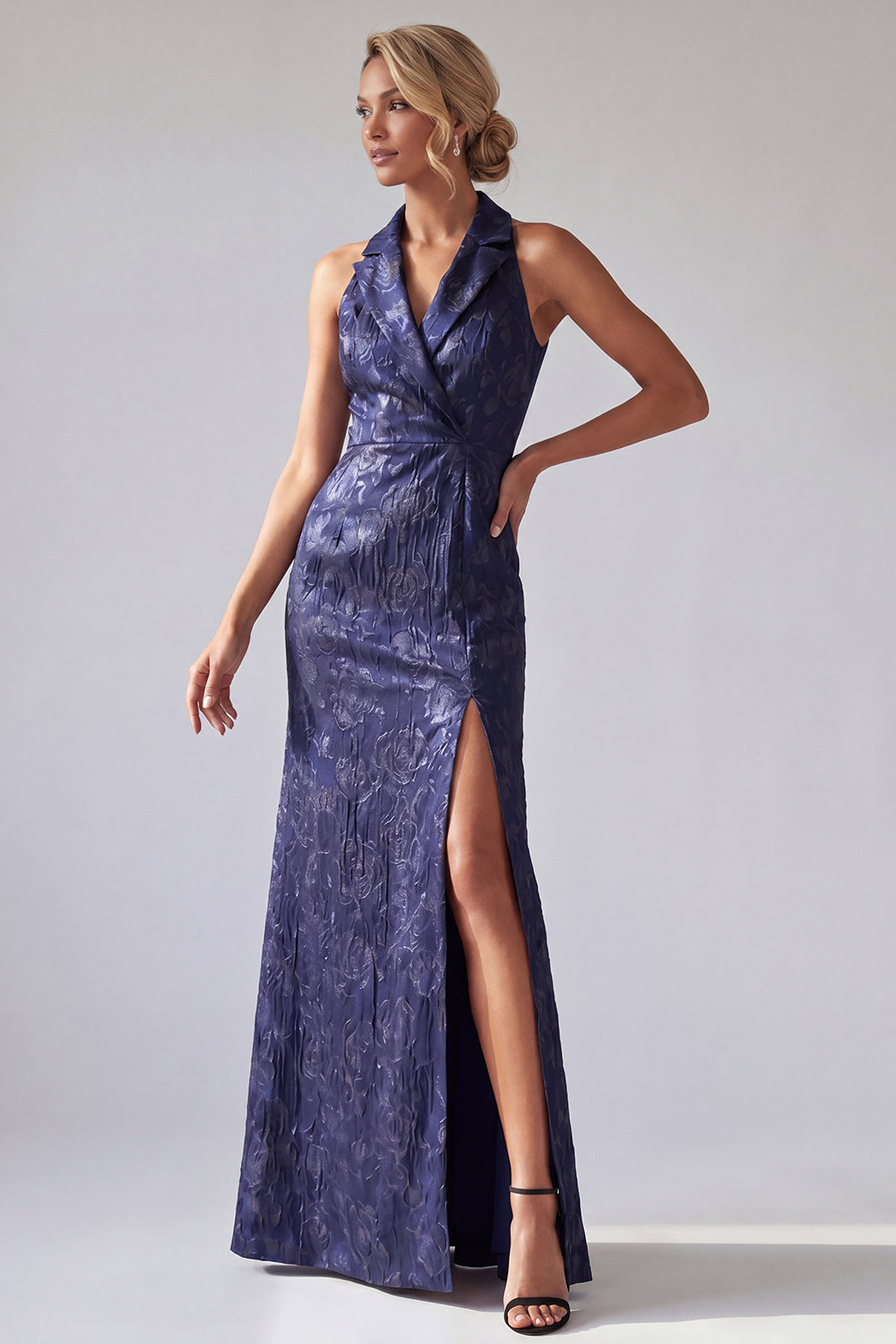 Dark Purple Halter Peak Lapel Floral Long Mermaid Wedding Guest Dress with Slit