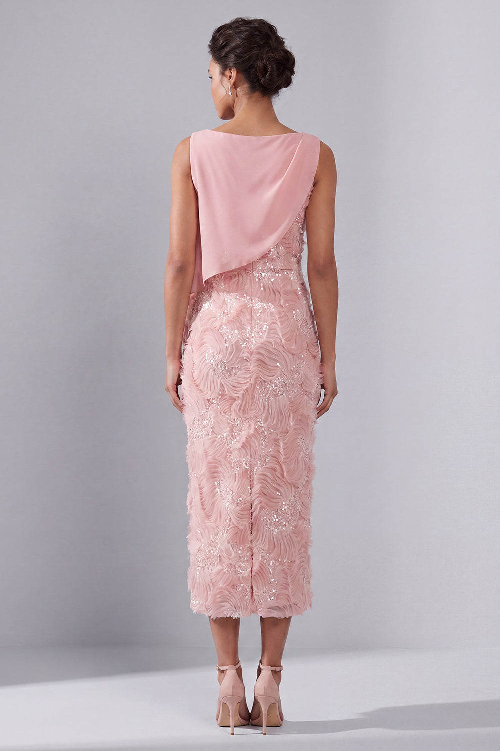Blush Beaded Sheath Sparkly Long Wedding Guest Dress with Sash