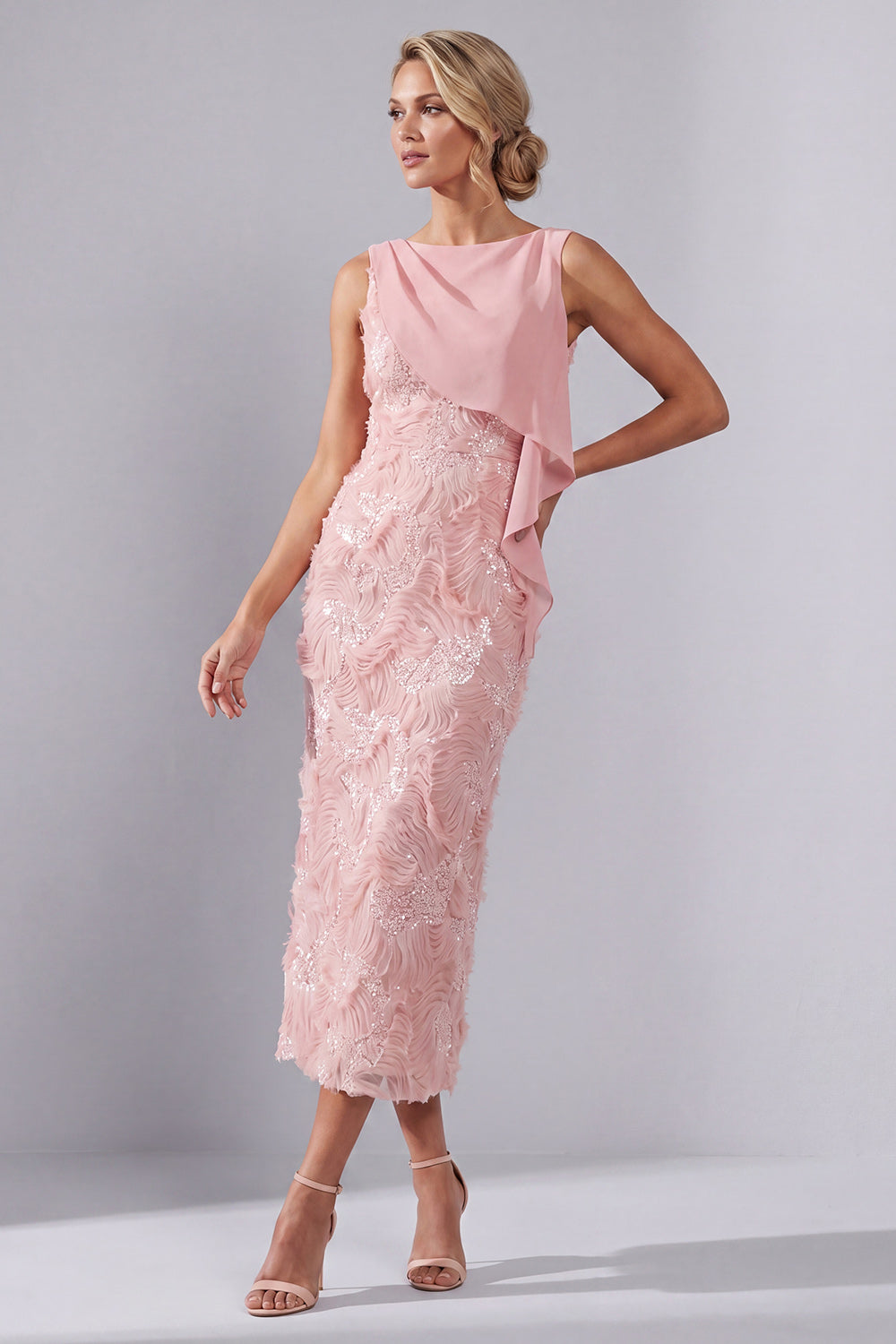 Blush Beaded Sheath Sparkly Long Wedding Guest Dress with Sash