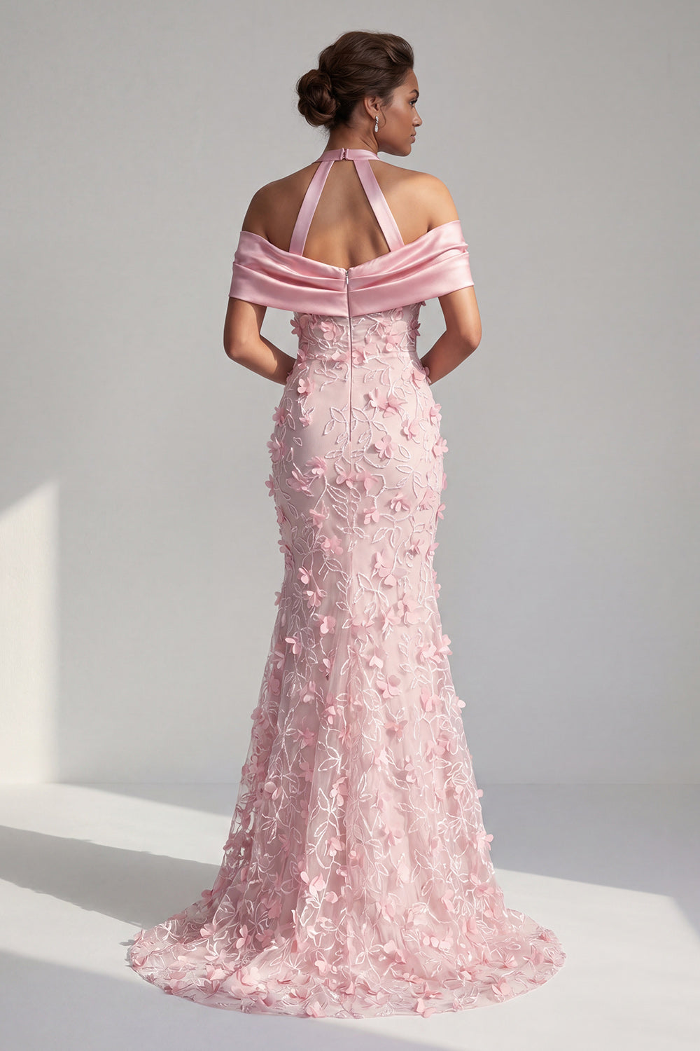 Pink Mermaid Floral Halter Beaded Long Evening Dress