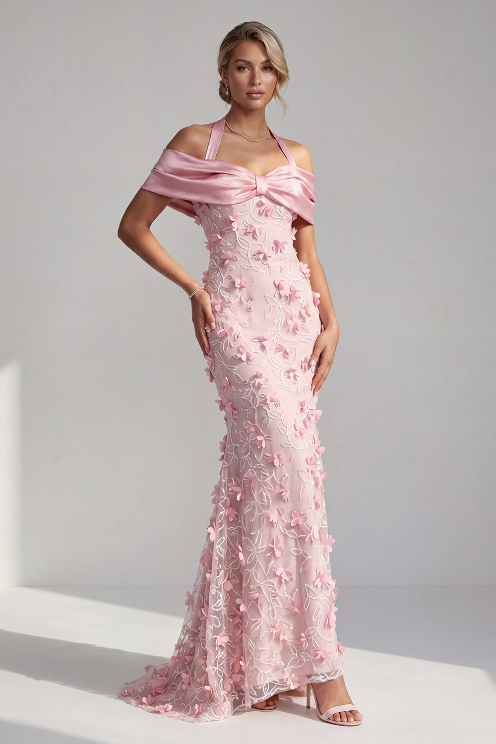Pink Mermaid Floral Halter Beaded Long Evening Dress