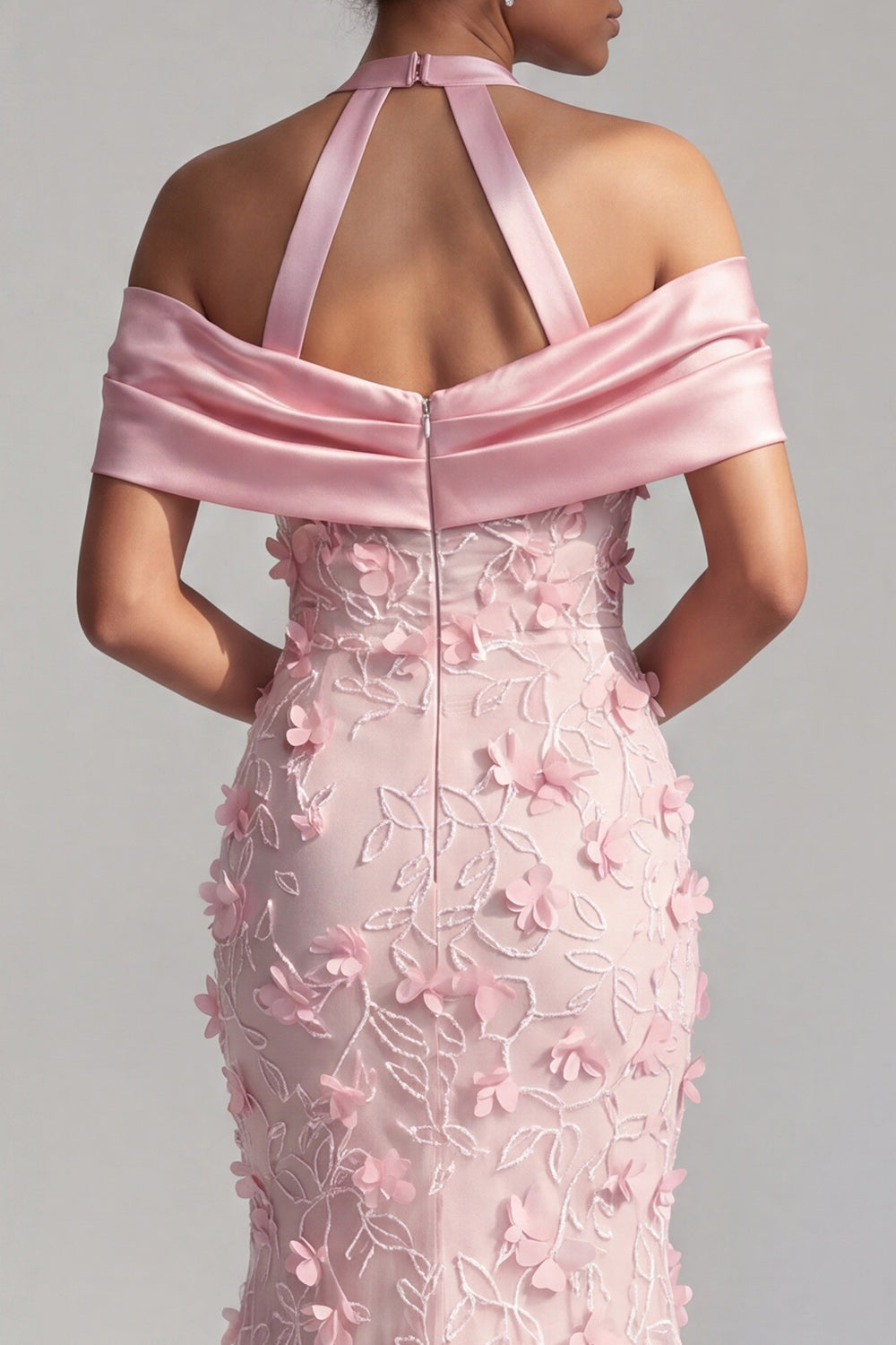 Pink Mermaid Floral Halter Beaded Long Evening Dress