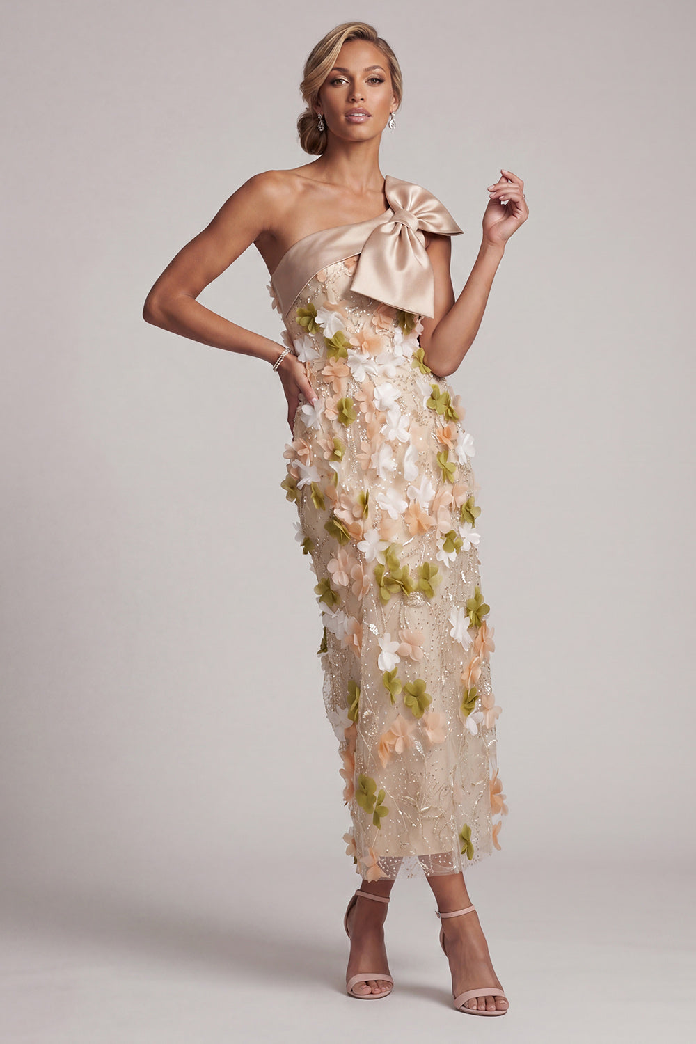 Sparkly Floral Champagne Beaded Long Evening Dress with Bow