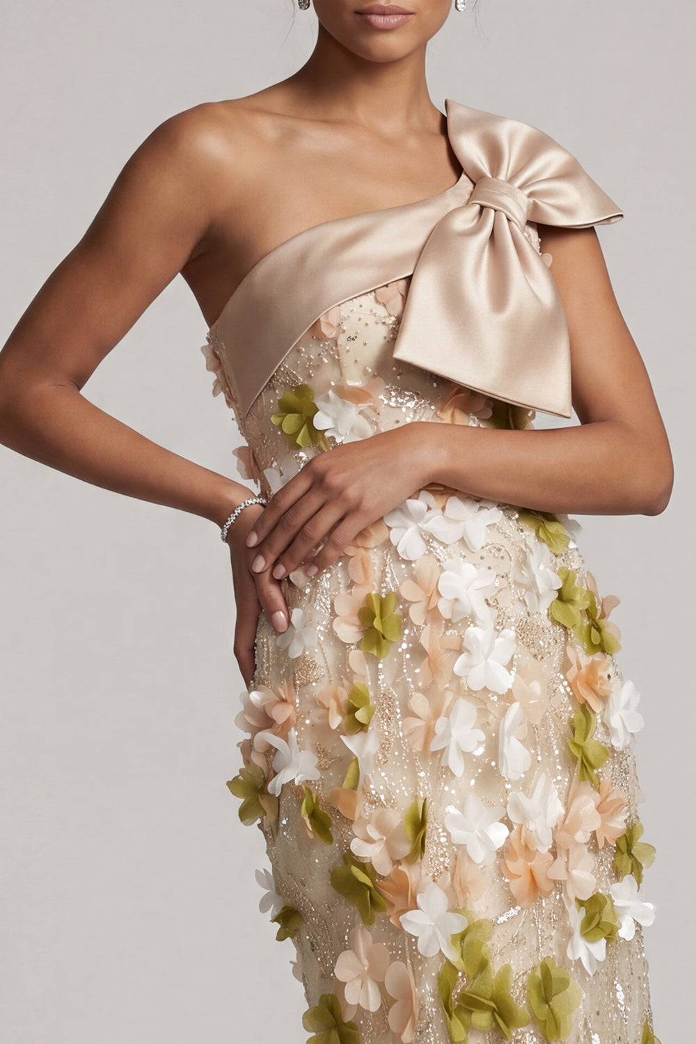 Sparkly Floral Champagne Beaded Long Evening Dress with Bow