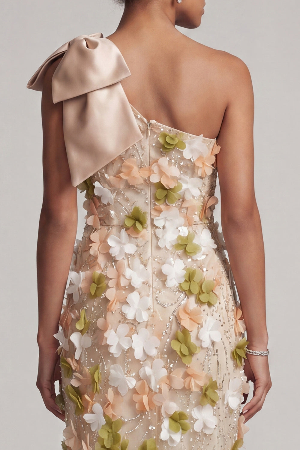 Sparkly Floral Champagne Beaded Long Evening Dress with Bow