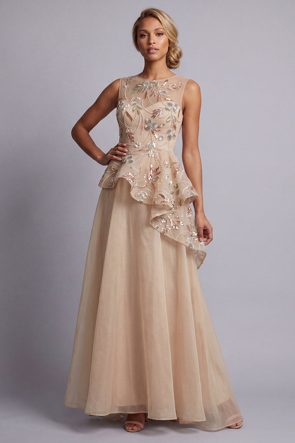 A Line Champagne Sparkly Floral Beaded Long Evening Dress with Ruffles
