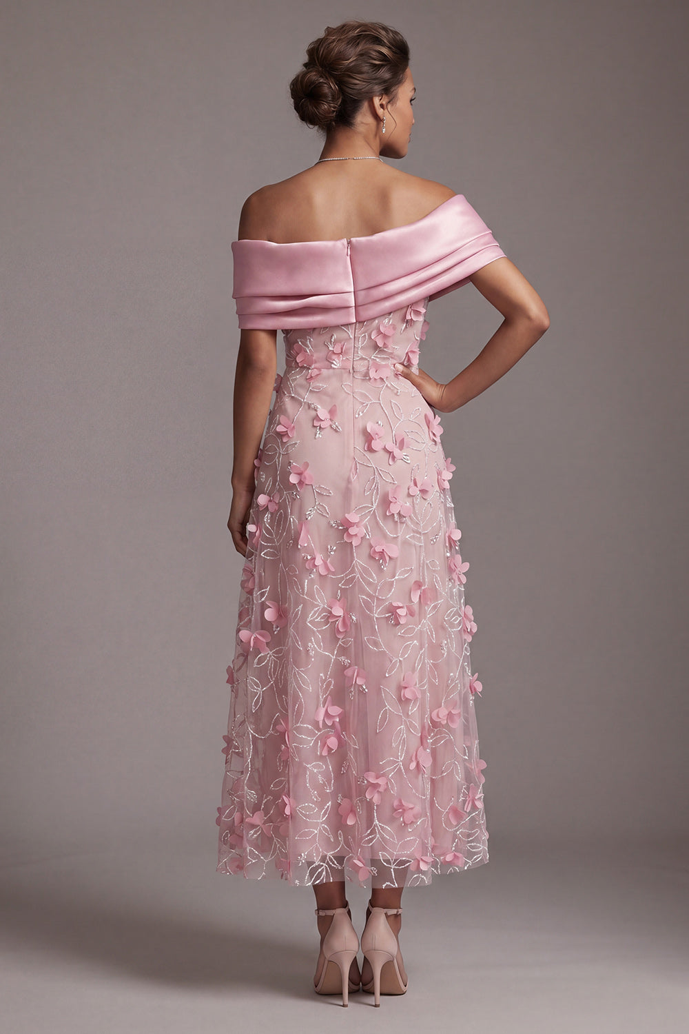 Pink A Line Beaded Maxi Evening Dress with 3D Flowers
