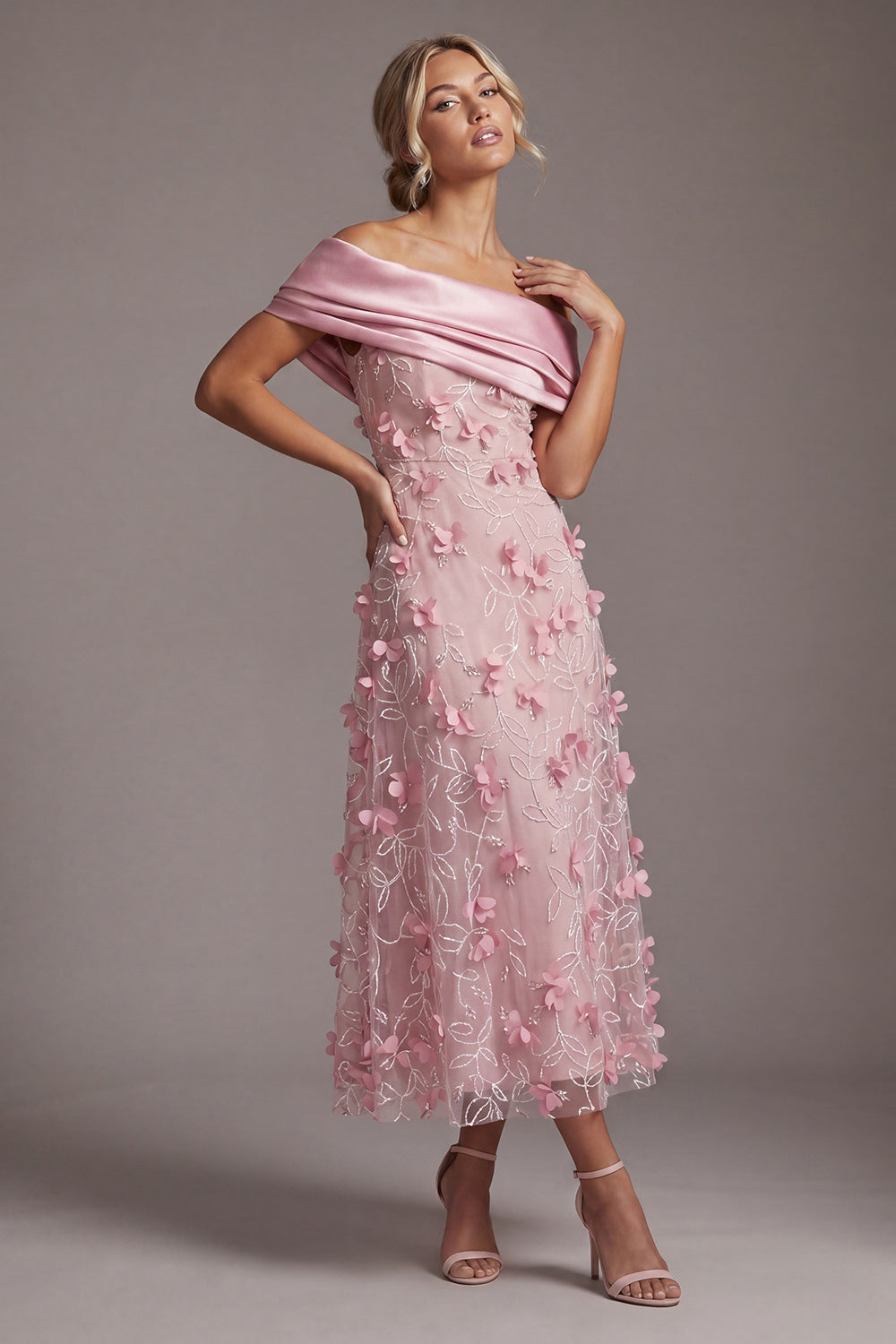 Pink A Line Beaded Maxi Evening Dress with 3D Flowers