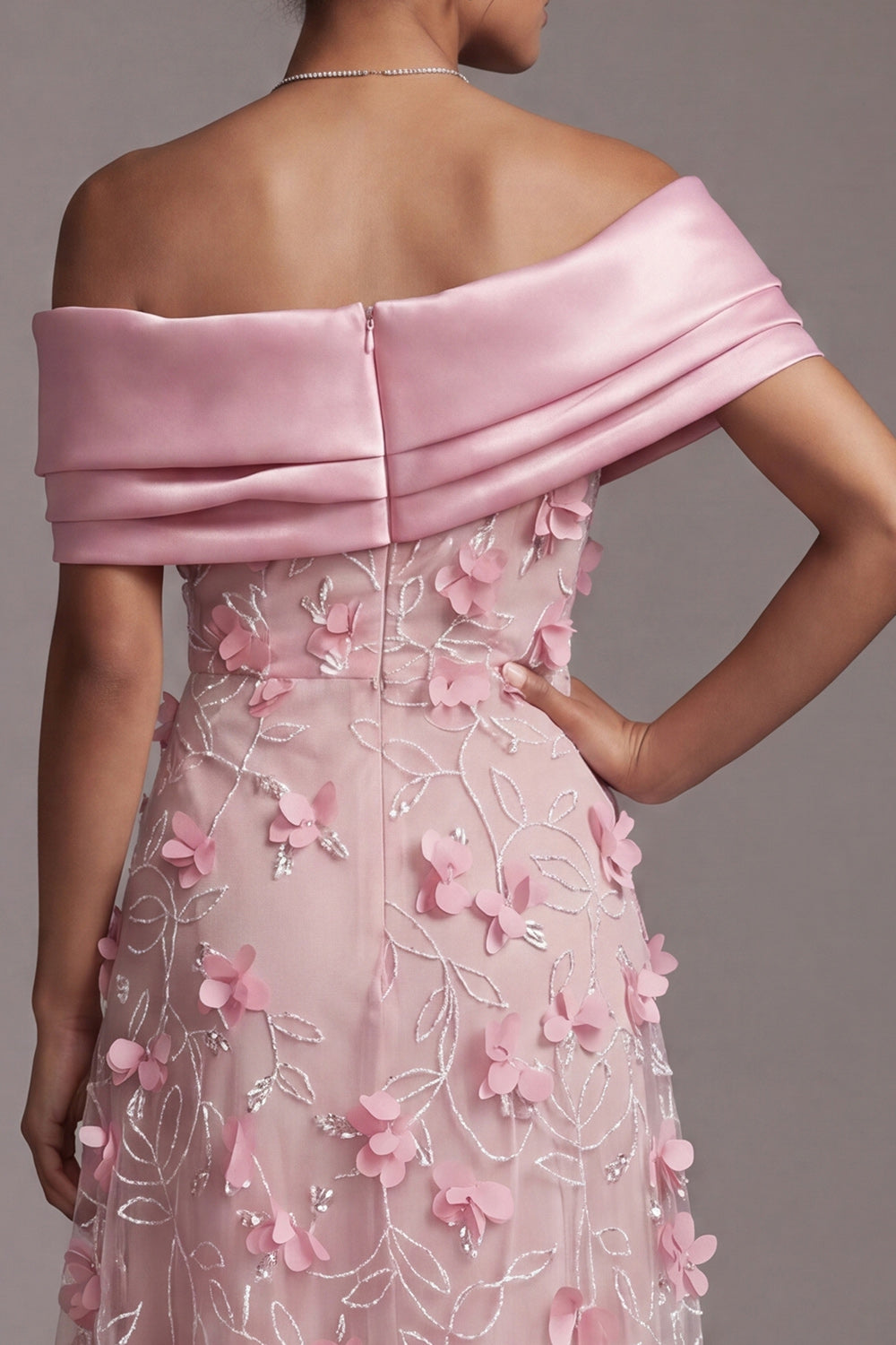 Pink A Line Beaded Maxi Evening Dress with 3D Flowers
