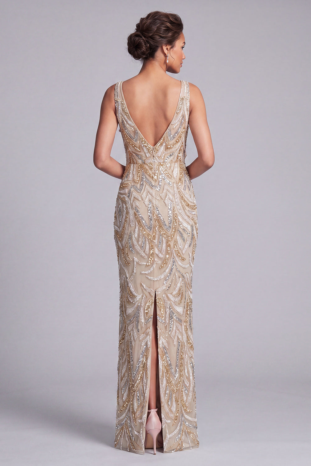 Champagne V-Neck Sparkly Long Beaded Evening Dress with Bow