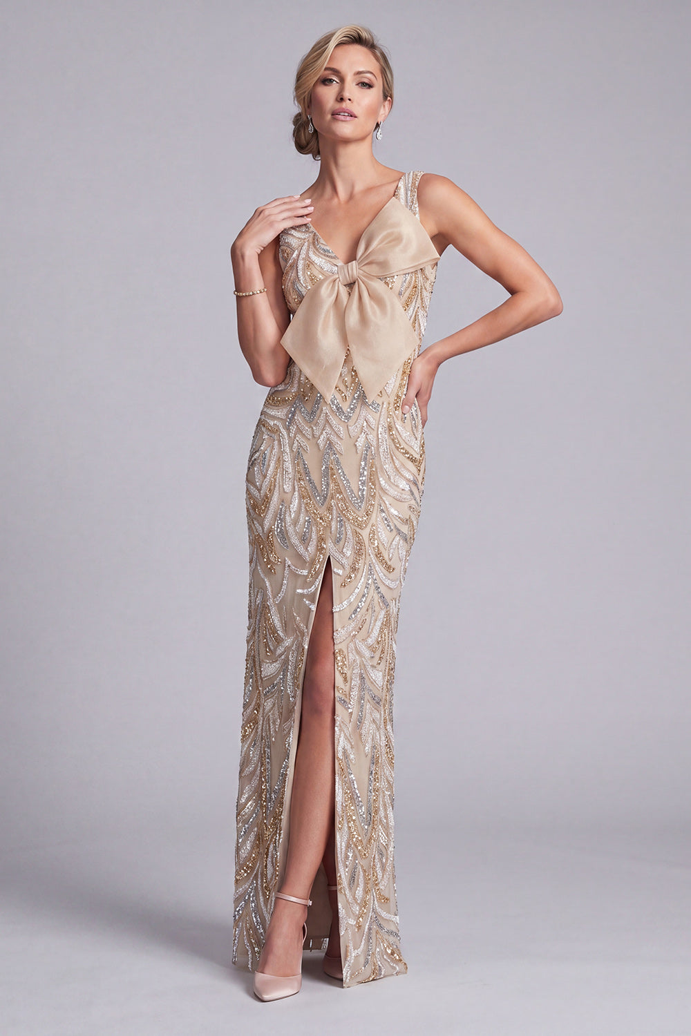 Champagne V-Neck Sparkly Long Beaded Evening Dress with Bow