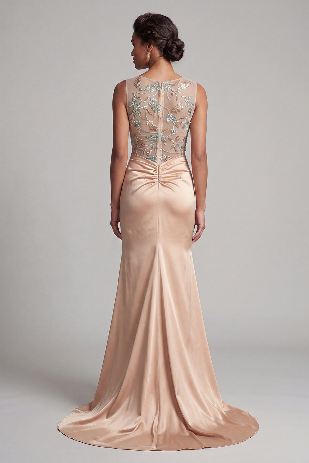 Floral Champagne Mermaid Ruched Beaded Long Evening Dress