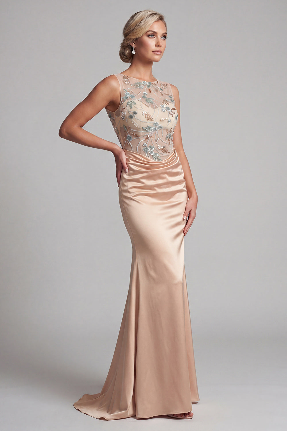 Floral Champagne Mermaid Ruched Beaded Long Evening Dress