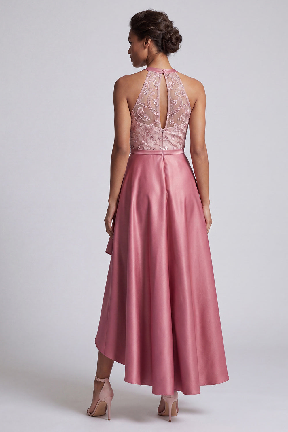 Pink Floral A Line Halter Beaded Asymmetrical Evening Dress with Keyhole