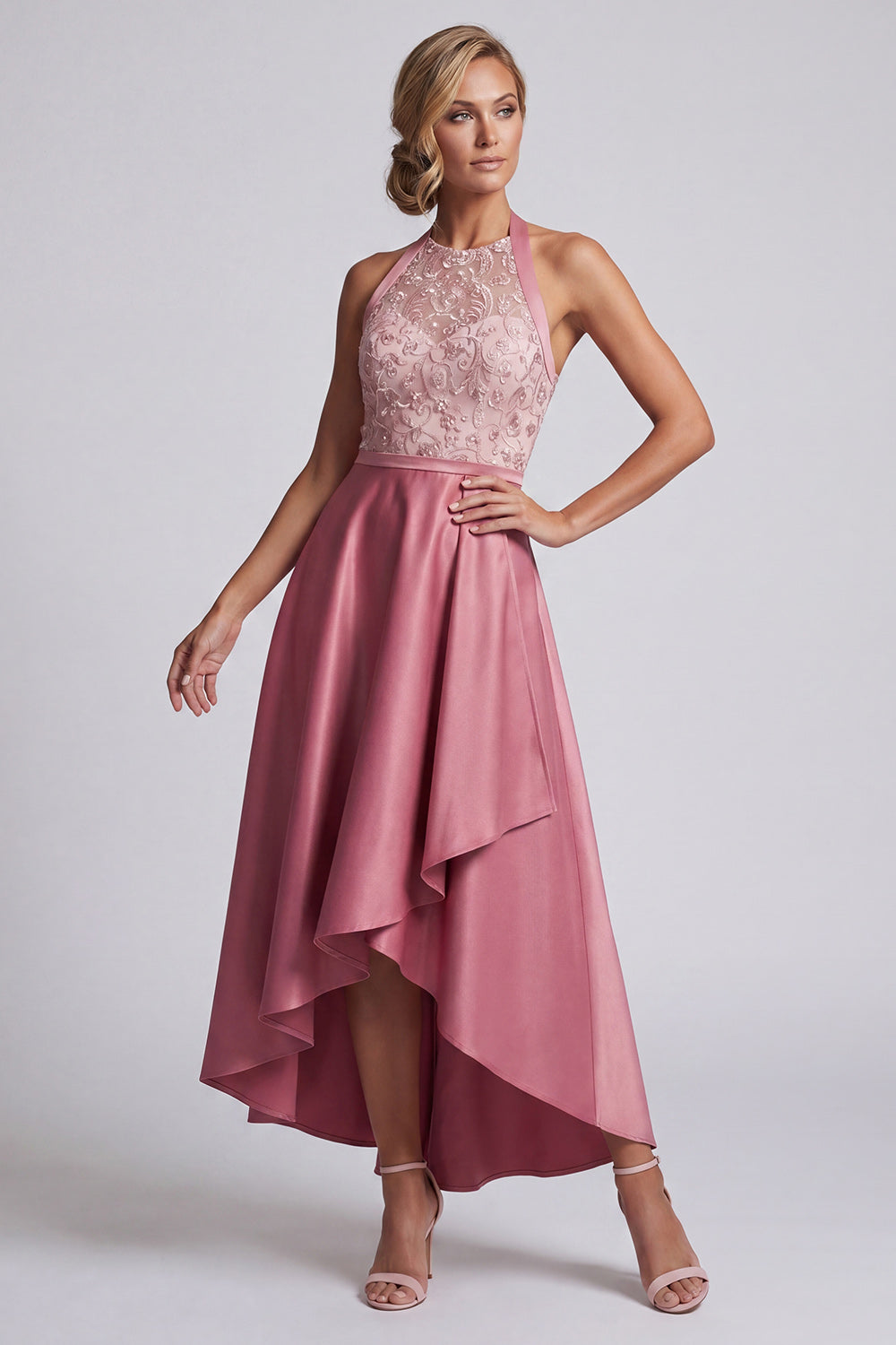 Pink Floral A Line Halter Beaded Asymmetrical Evening Dress with Keyhole