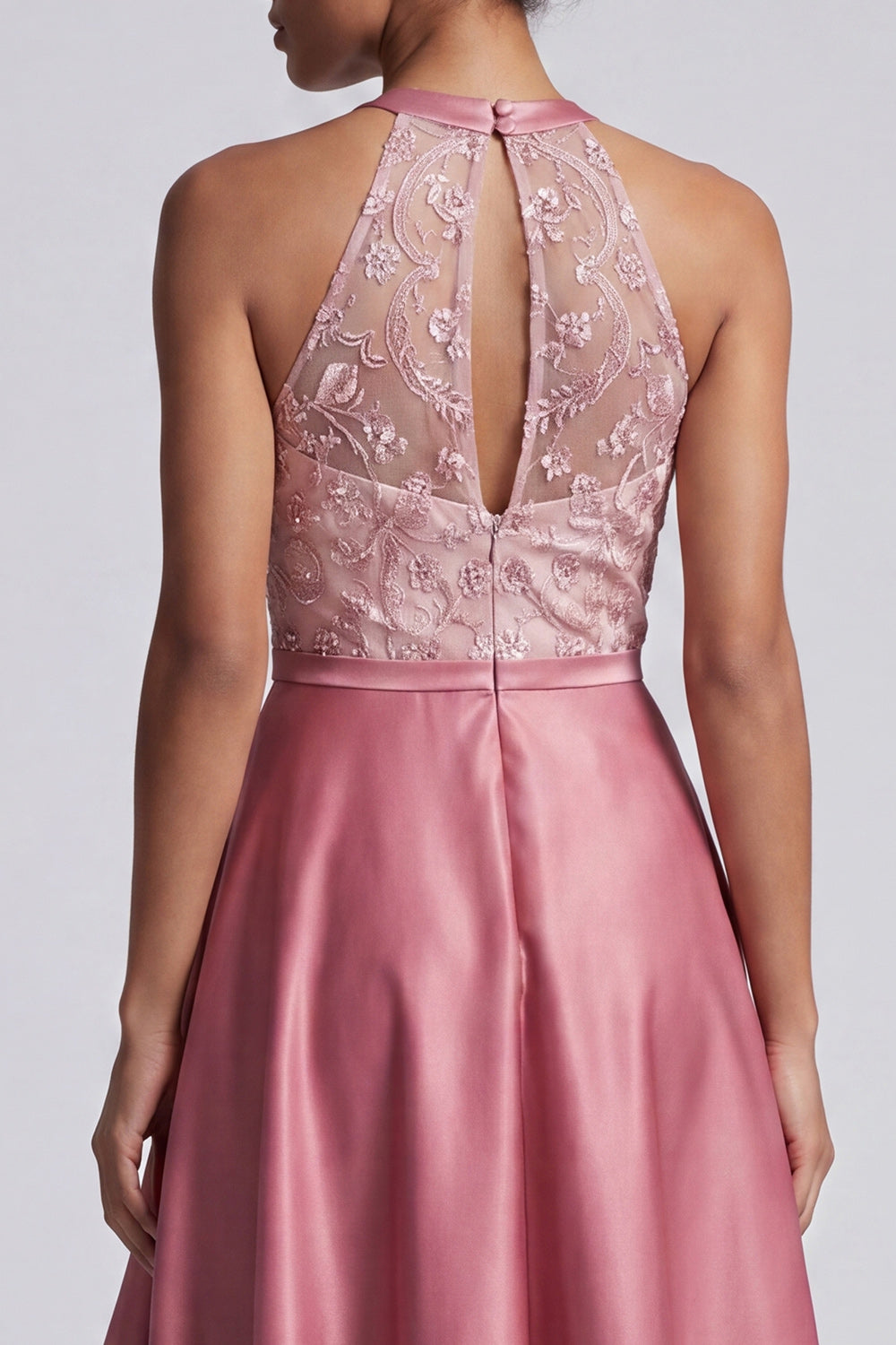 Pink Floral A Line Halter Beaded Asymmetrical Evening Dress with Keyhole