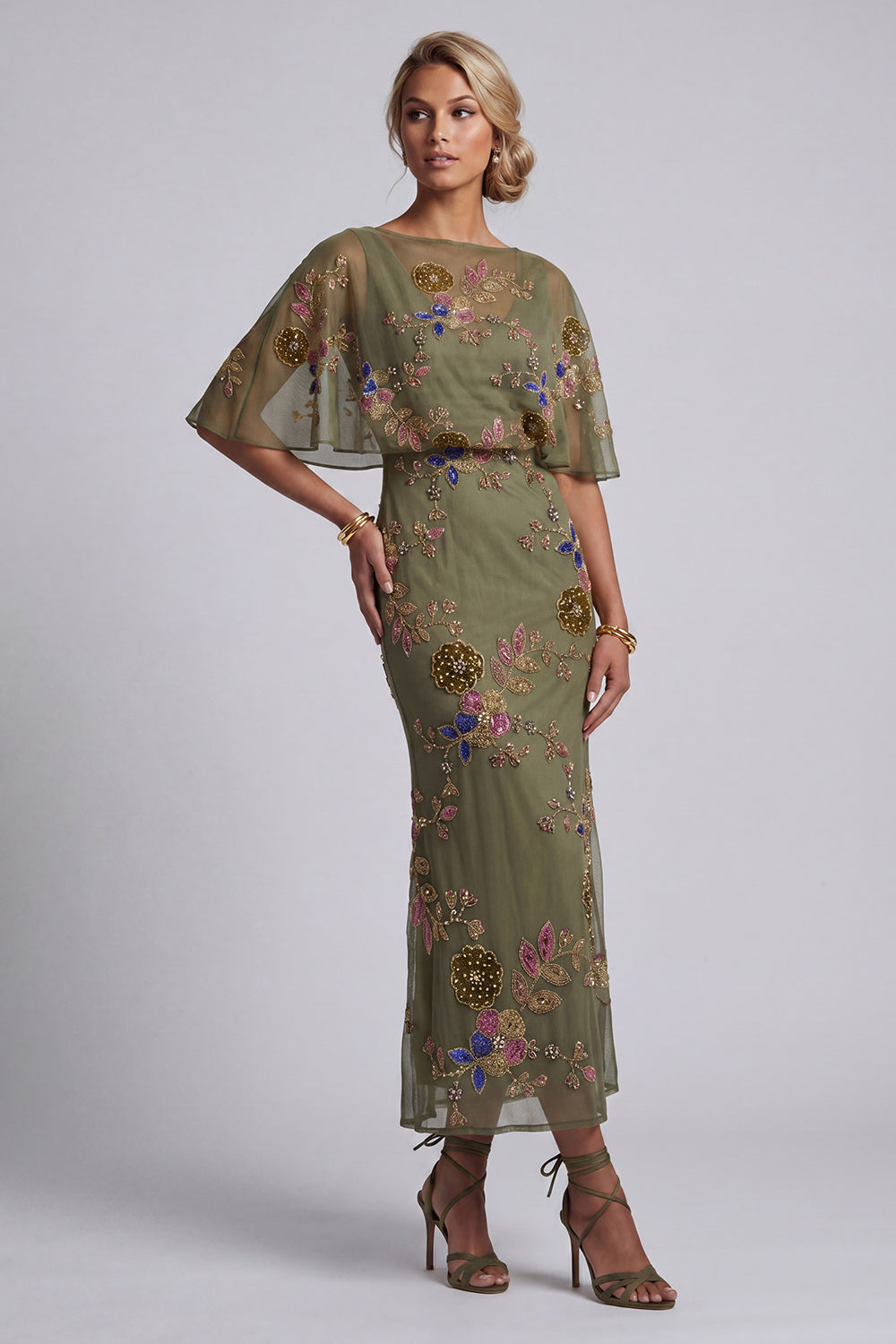 Olive Floral Mermaid Beaded Sparkly Long Evening Dress with Cape