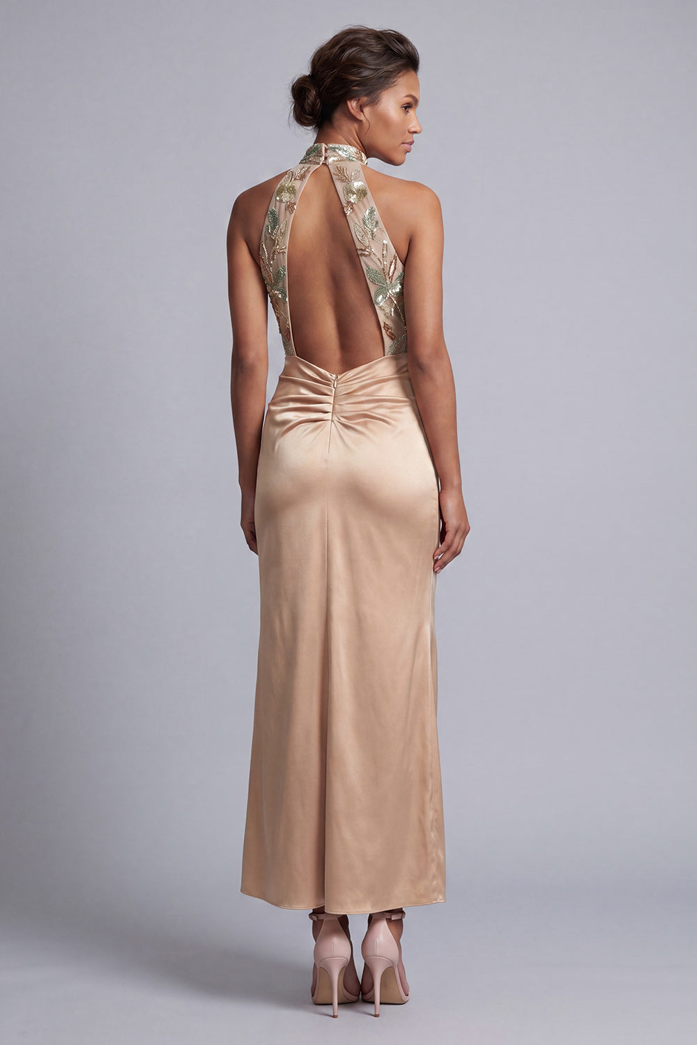 Champagne Beaded High Neck Floral Long Mermaid Evening Dress with Keyhole
