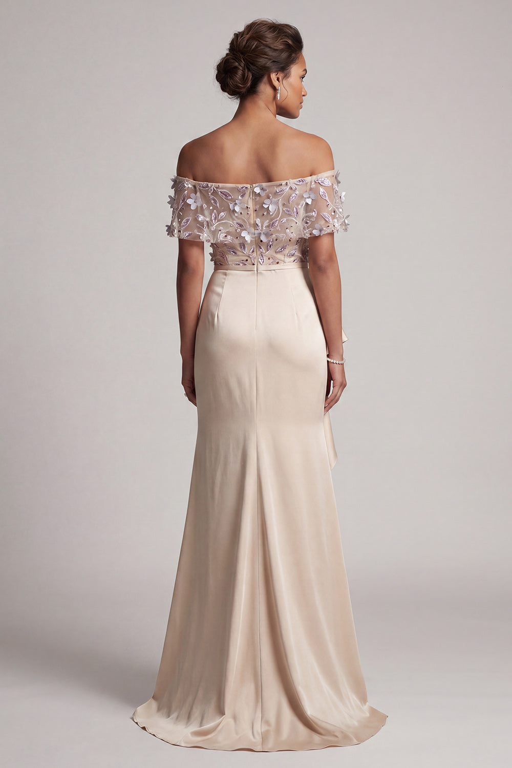 Apricot Ruffled Floral Beaded Mermaid Long Evening Dress