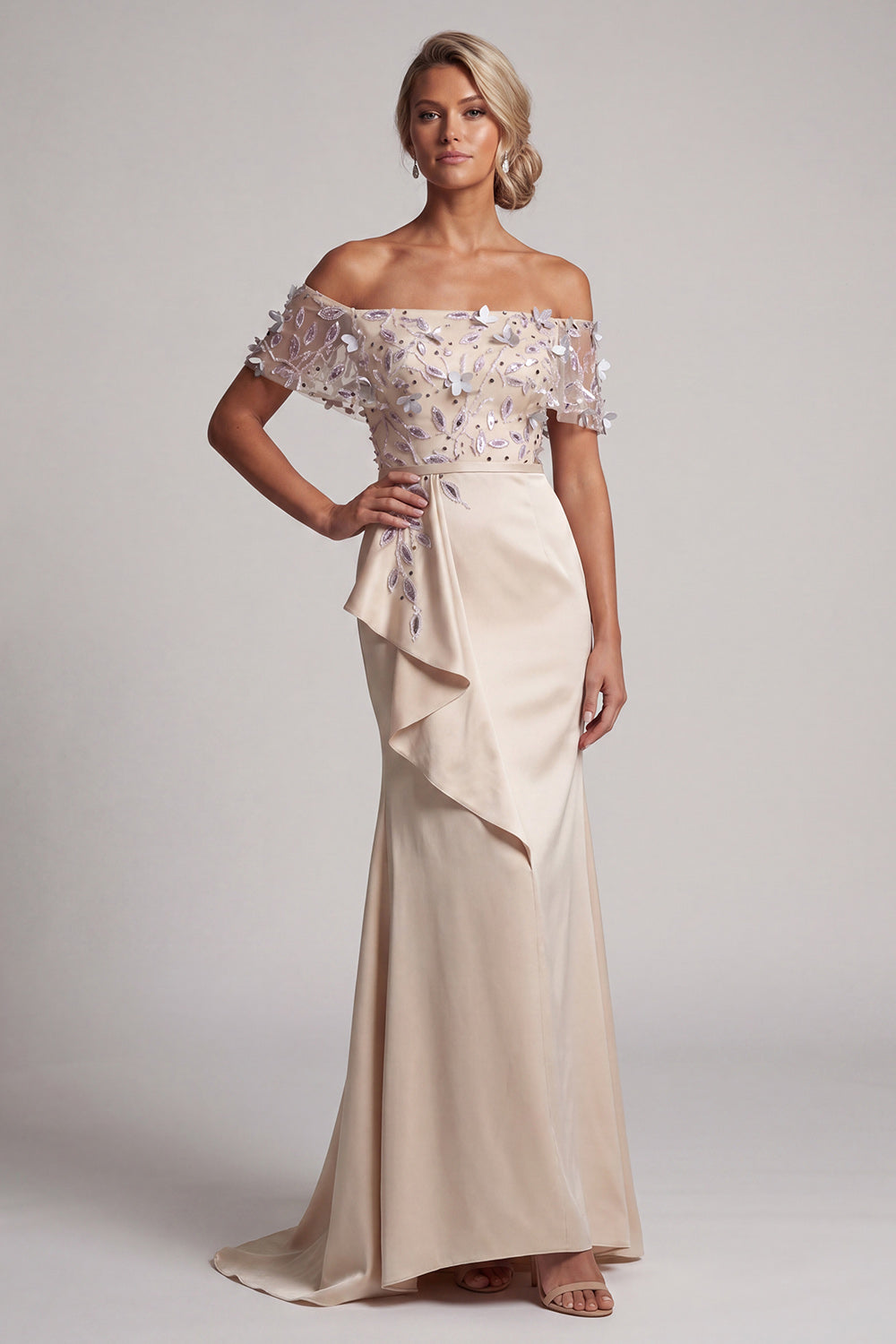 Apricot Ruffled Floral Beaded Mermaid Long Evening Dress